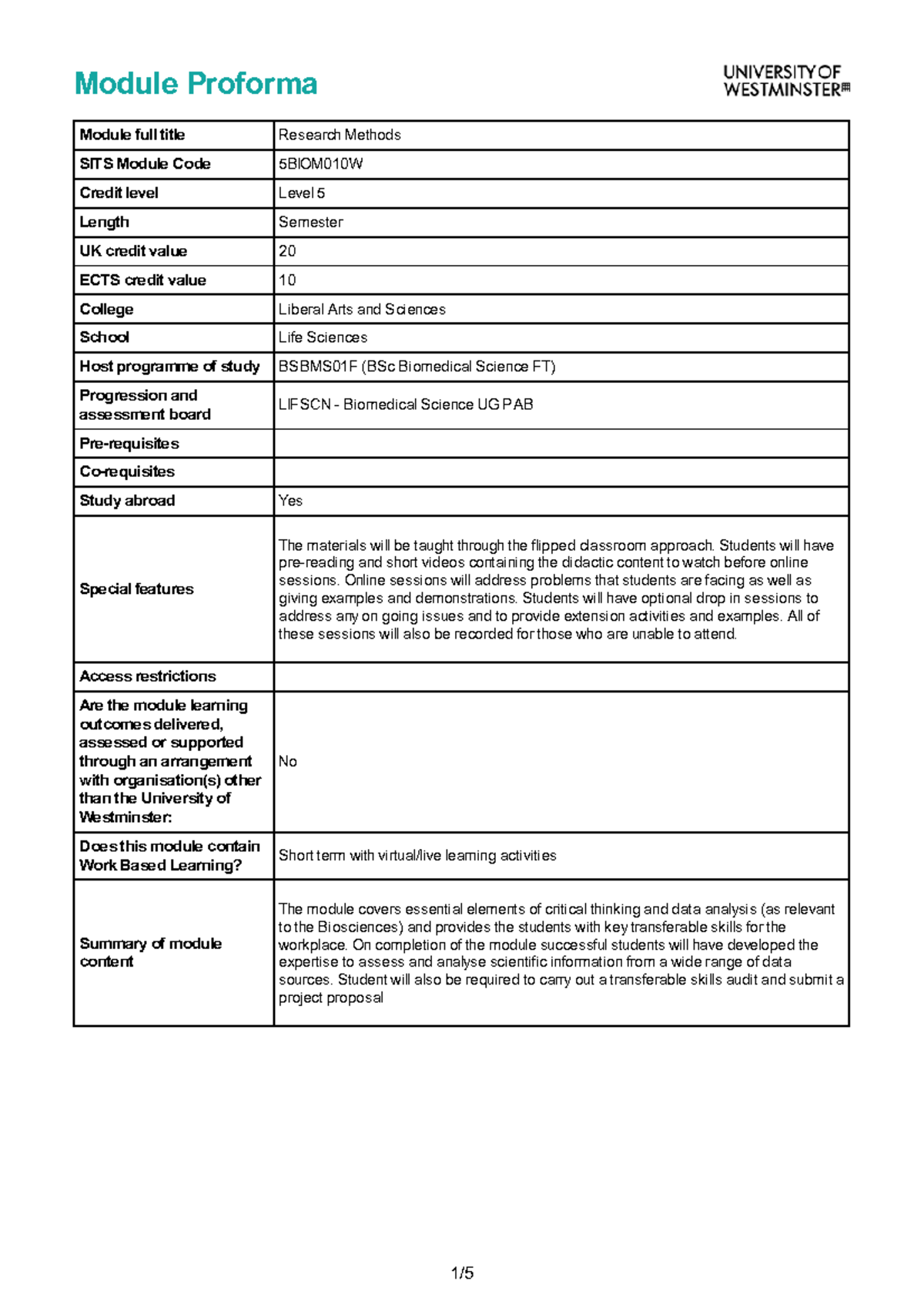 Research Methods Module Proforma - SITS Code: 5BIOM010W - Studocu