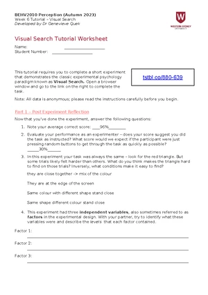BEHV2010 Week 7 Depth Perception Worksheet on Binocular Disparity - Studocu