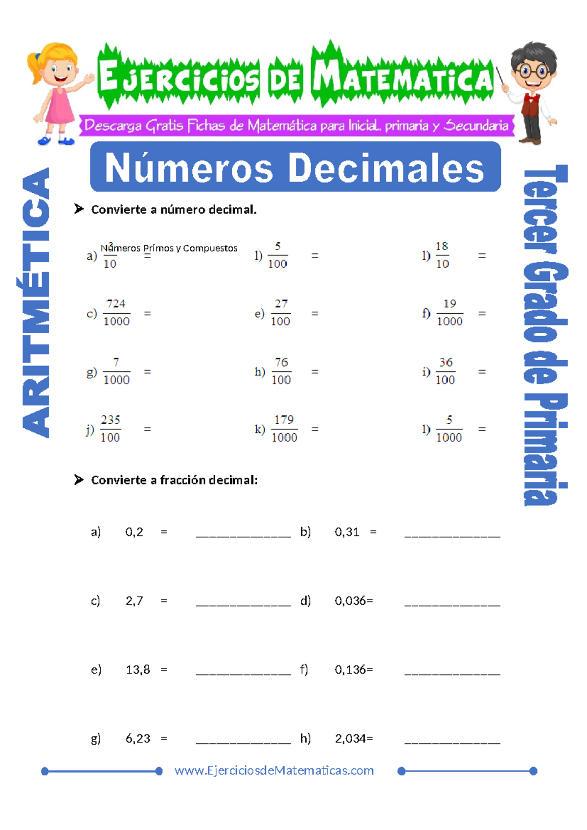 ARITMÉTICA - Ejercicios de Números Decimales para 3er Grado - Studocu