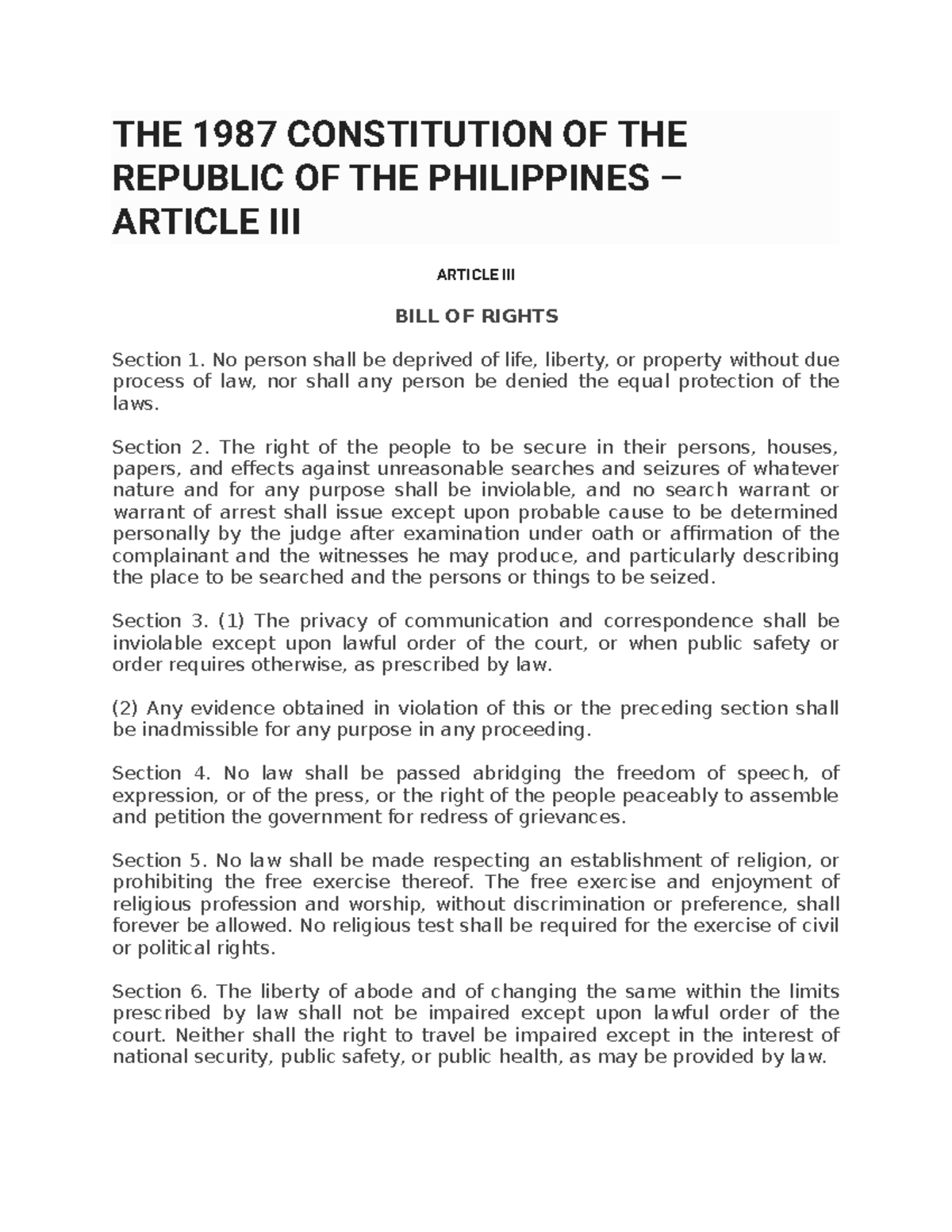 1987 Constitution of the Republic of the Philippines: Bill of Rights ...