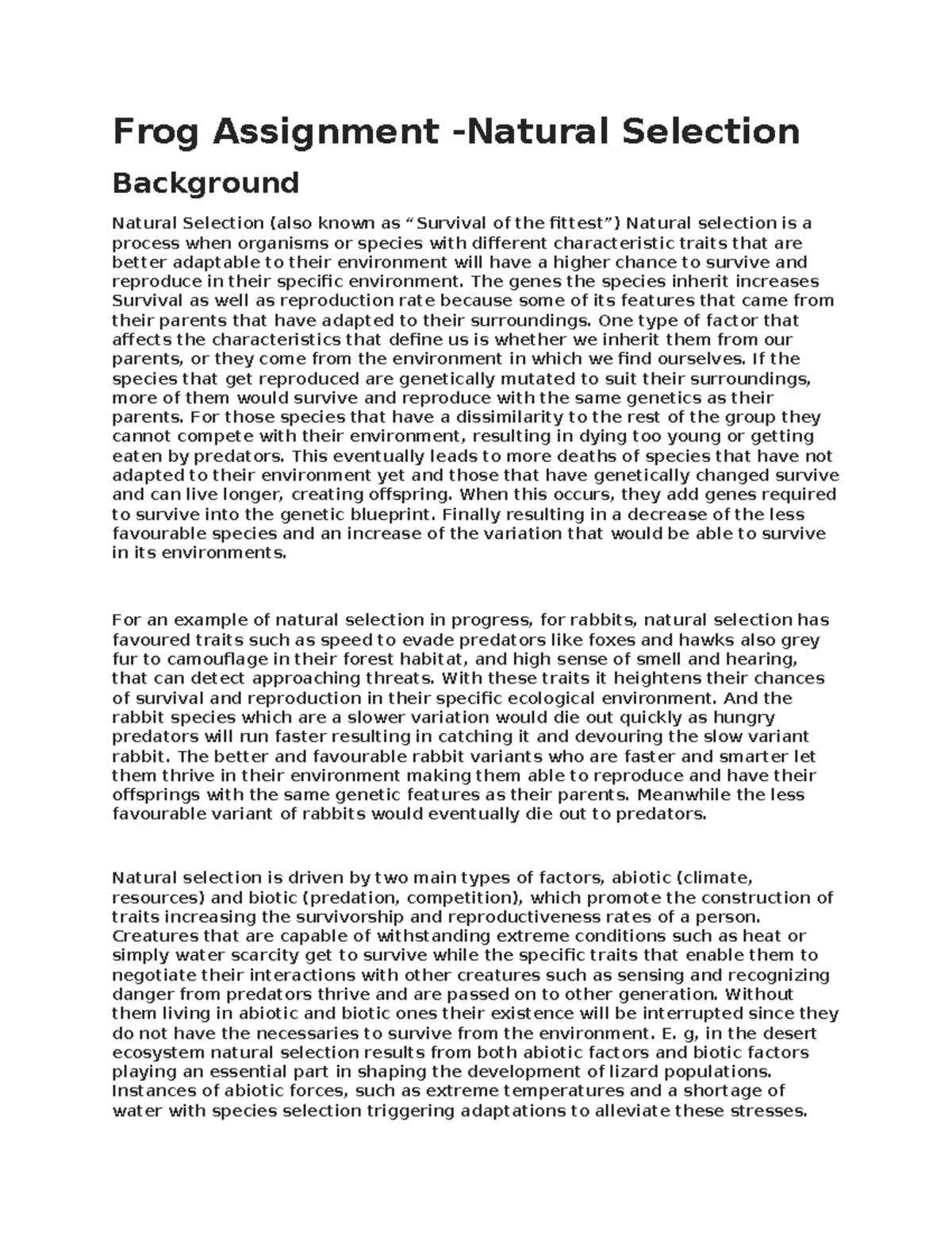 Frog Assignment: Natural Selection and Adaptation Analysis - Studocu