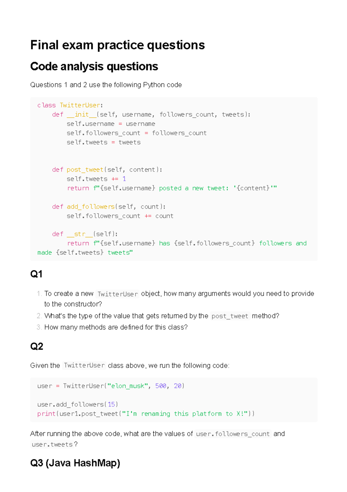 Final Exam Practice Questions for CS101: Python & Java Coding - Studocu