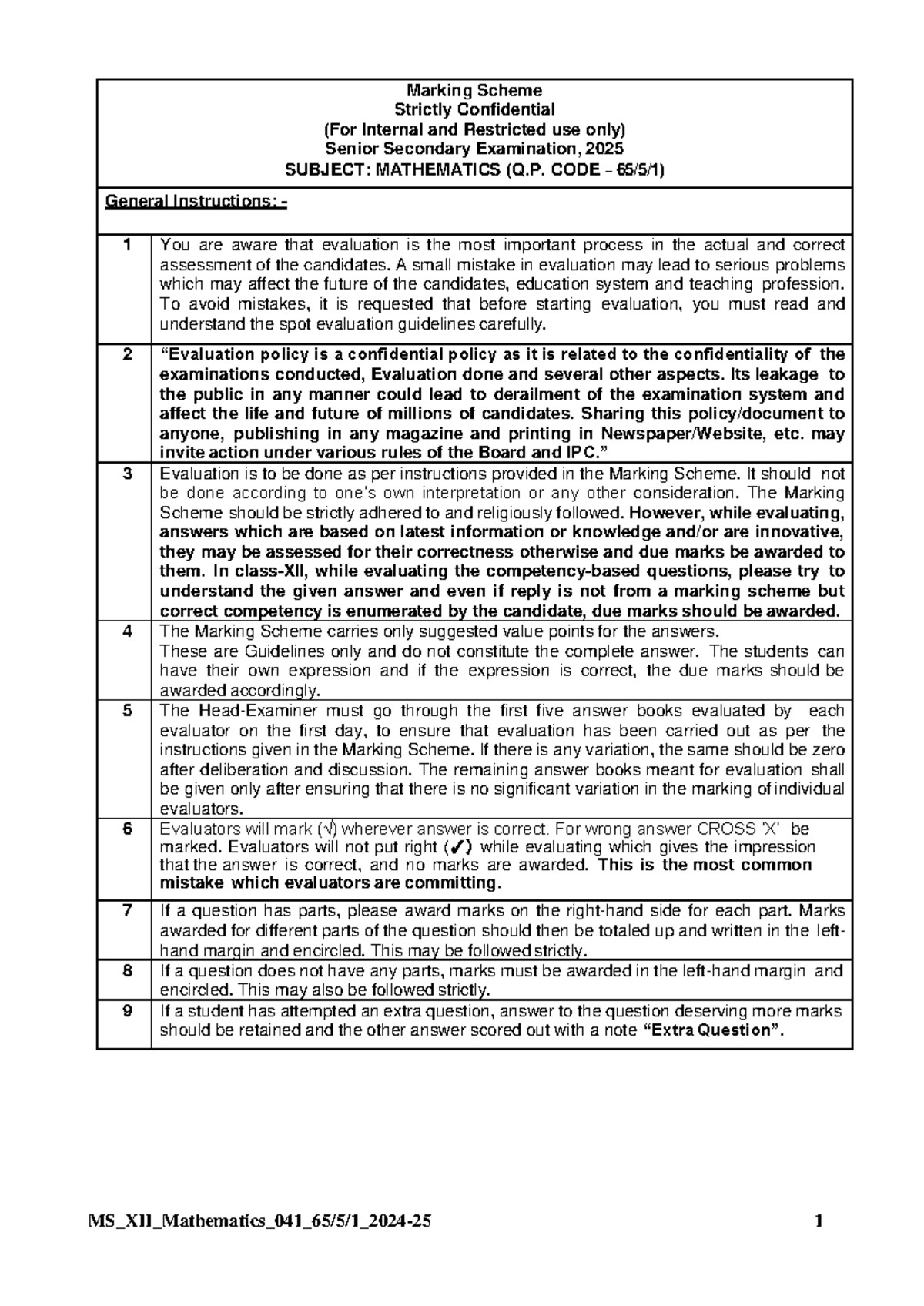 XII MS 041 Marking Scheme for Mathematics Exam 2025 - Studocu