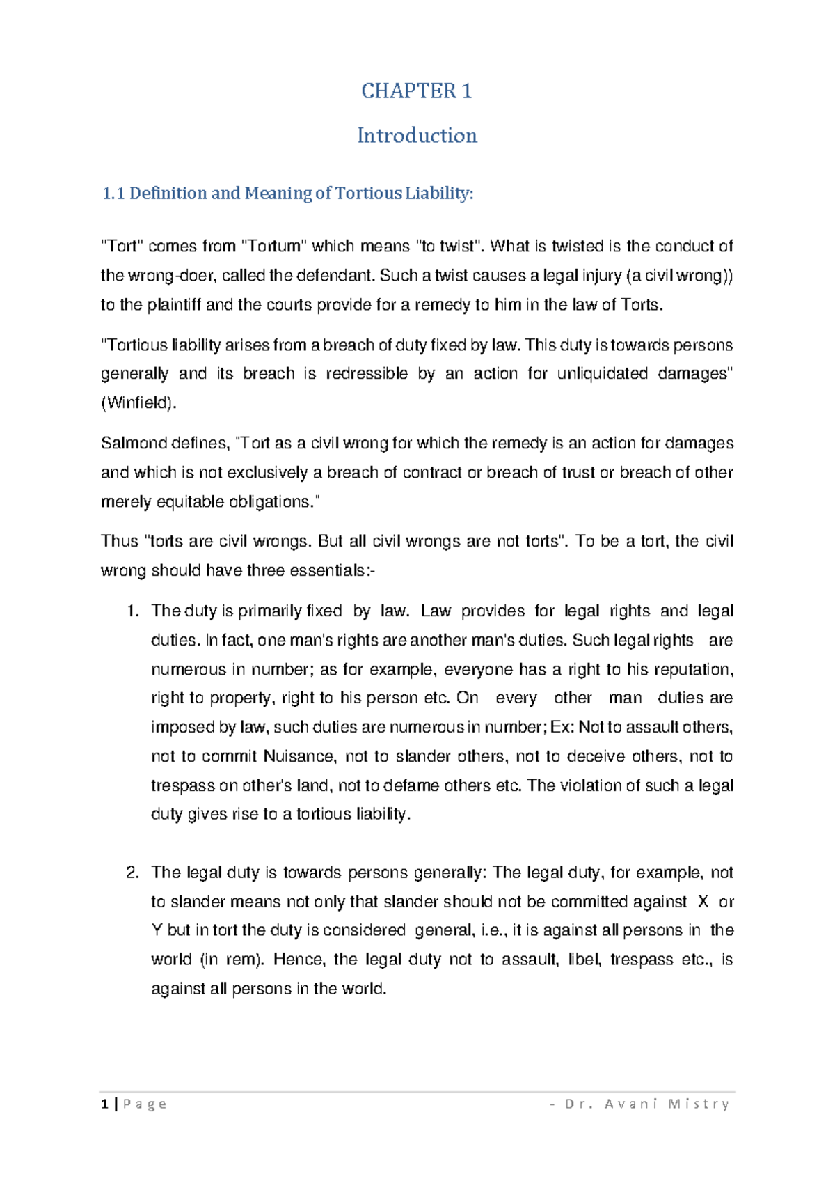 LLB Sem 1 Torts Chapter Notes: Summary of Key Concepts and Cases - Studocu