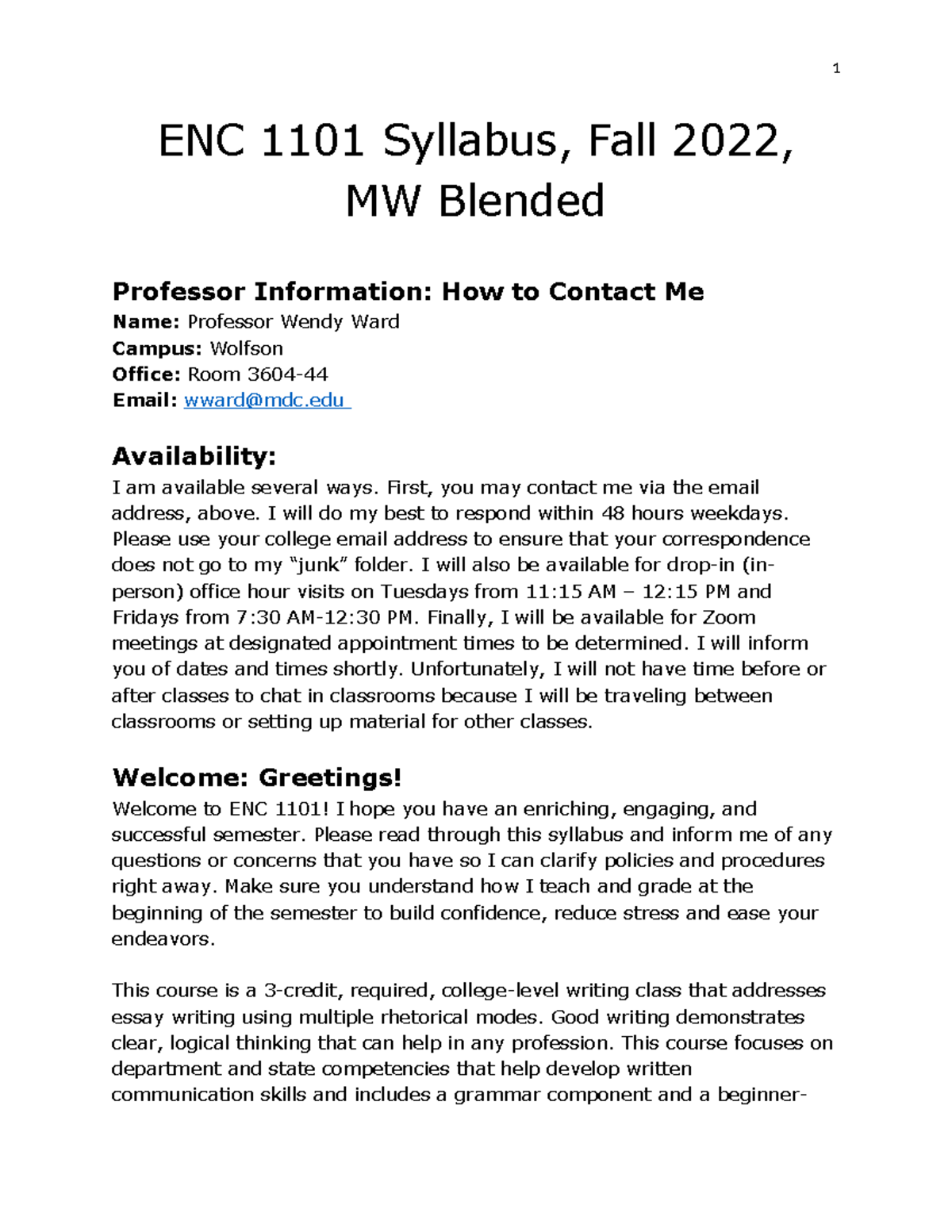 ENC 1101 Syllabus Overview for Fall 2022 - MW Blended Class - Studocu