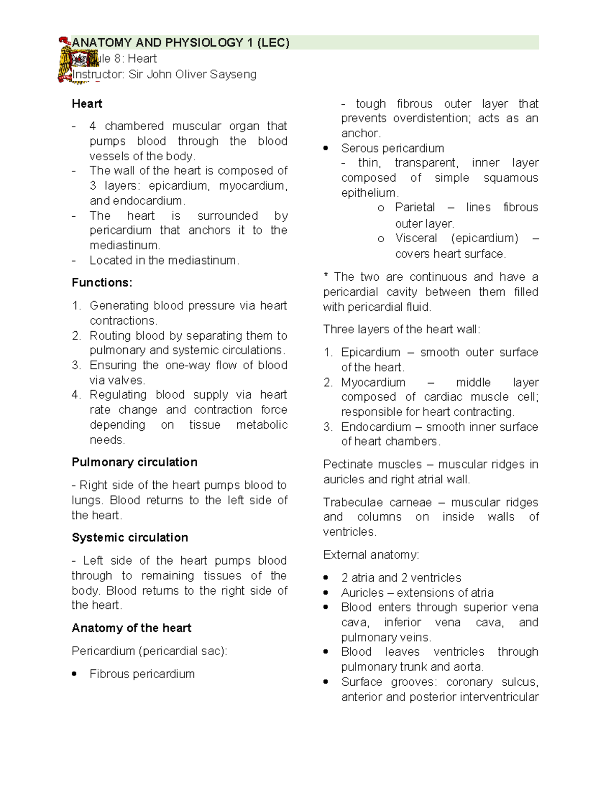 Module 8 Heart Overview: Anatomy, Function & Blood Flow Details - Studocu