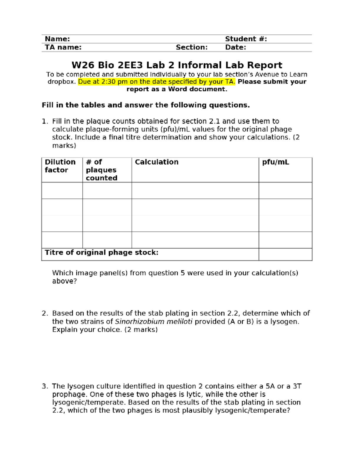 W26 Bio 2EE3 Lab 2 Informal Lab Report Guidelines - Studocu