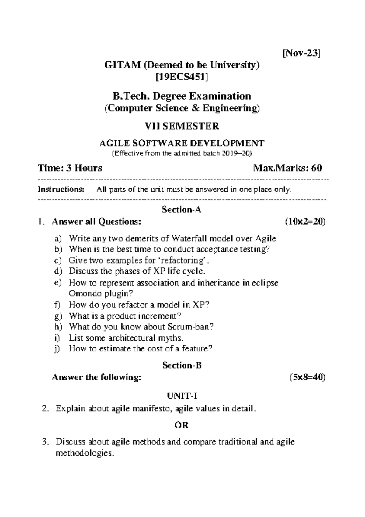 19ECS451 - Agile Software Development Exam Questions and Discussion ...