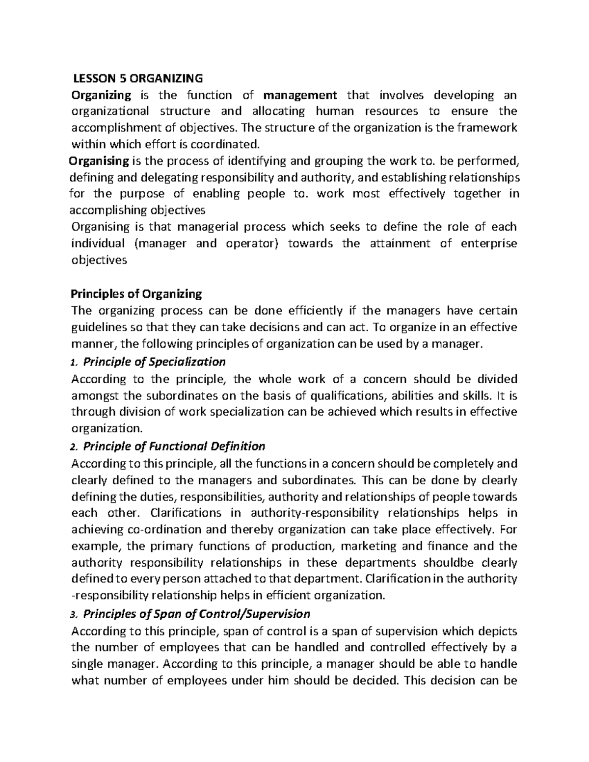 LESSON 5: ORGANIZING IN PRINCIPLES OF MANAGEMENT POM101 - Studocu