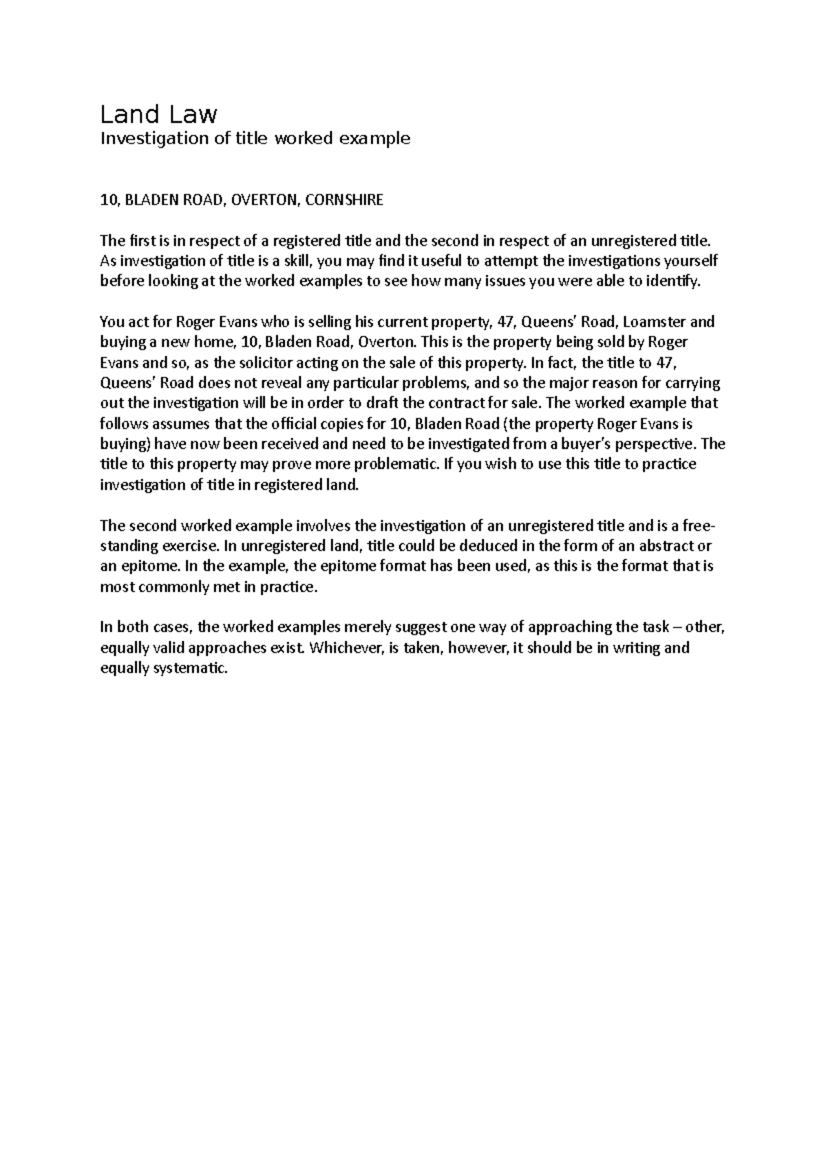 Investigation of title worked examples - Land Law Investigation of ...