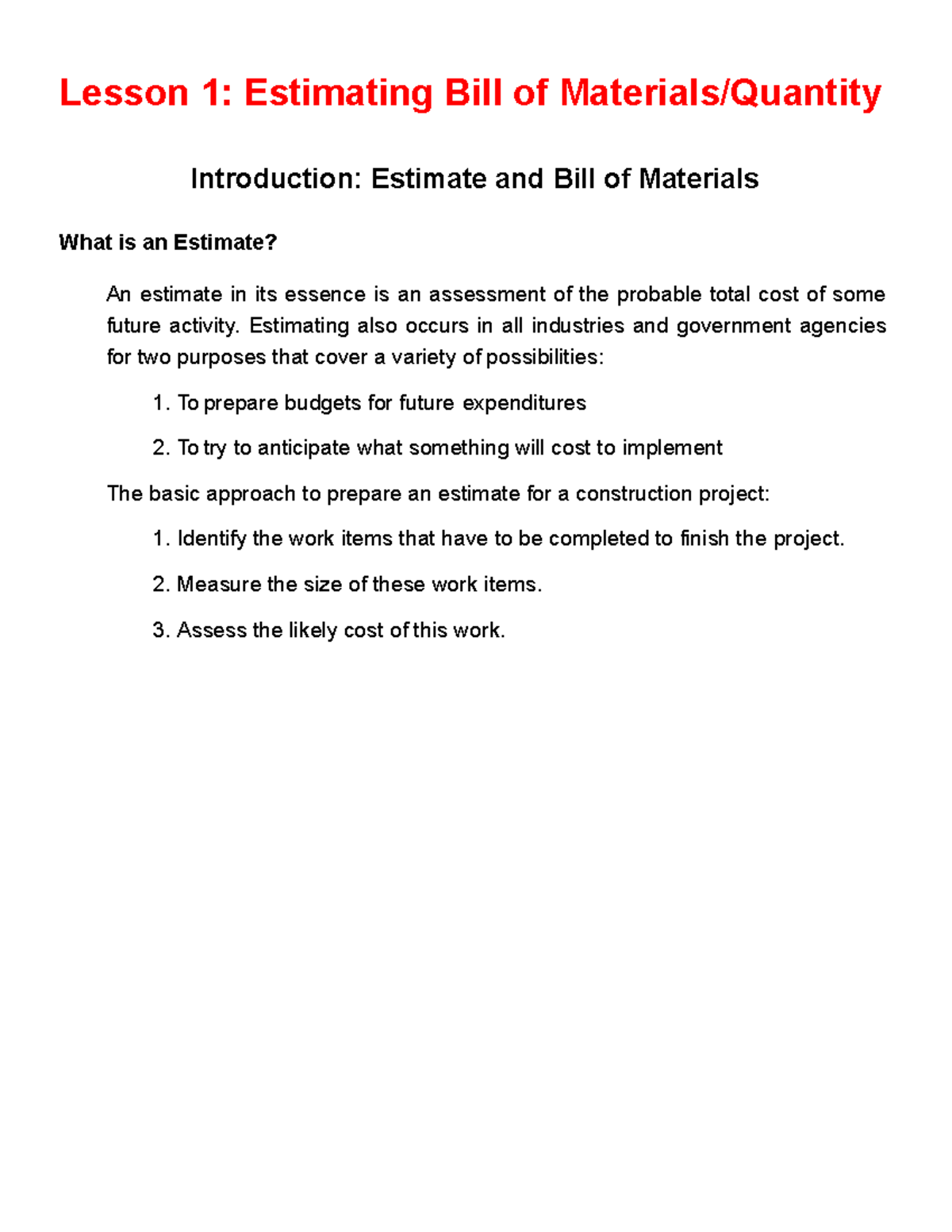 Lesson 1: Estimating Bill of Materials Quantities for Projects - Studocu