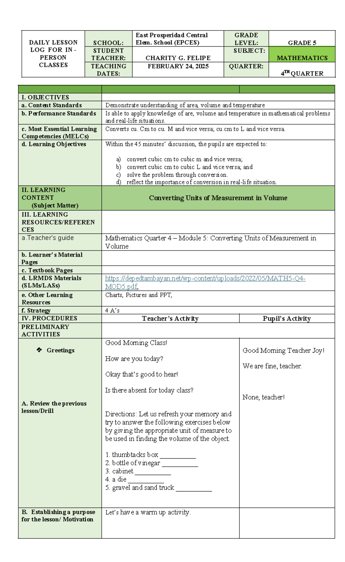 DAILY LESSON LOG: CONVERTING UNITS OF MEASUREMENT IN VOLUME (MATH ...