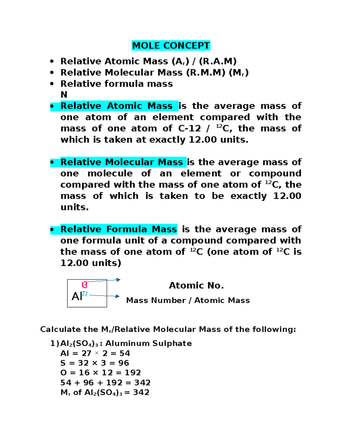 Mole Concept: Relative Atomic & Molecular Mass (R.A.M & R.M.M) - Studocu