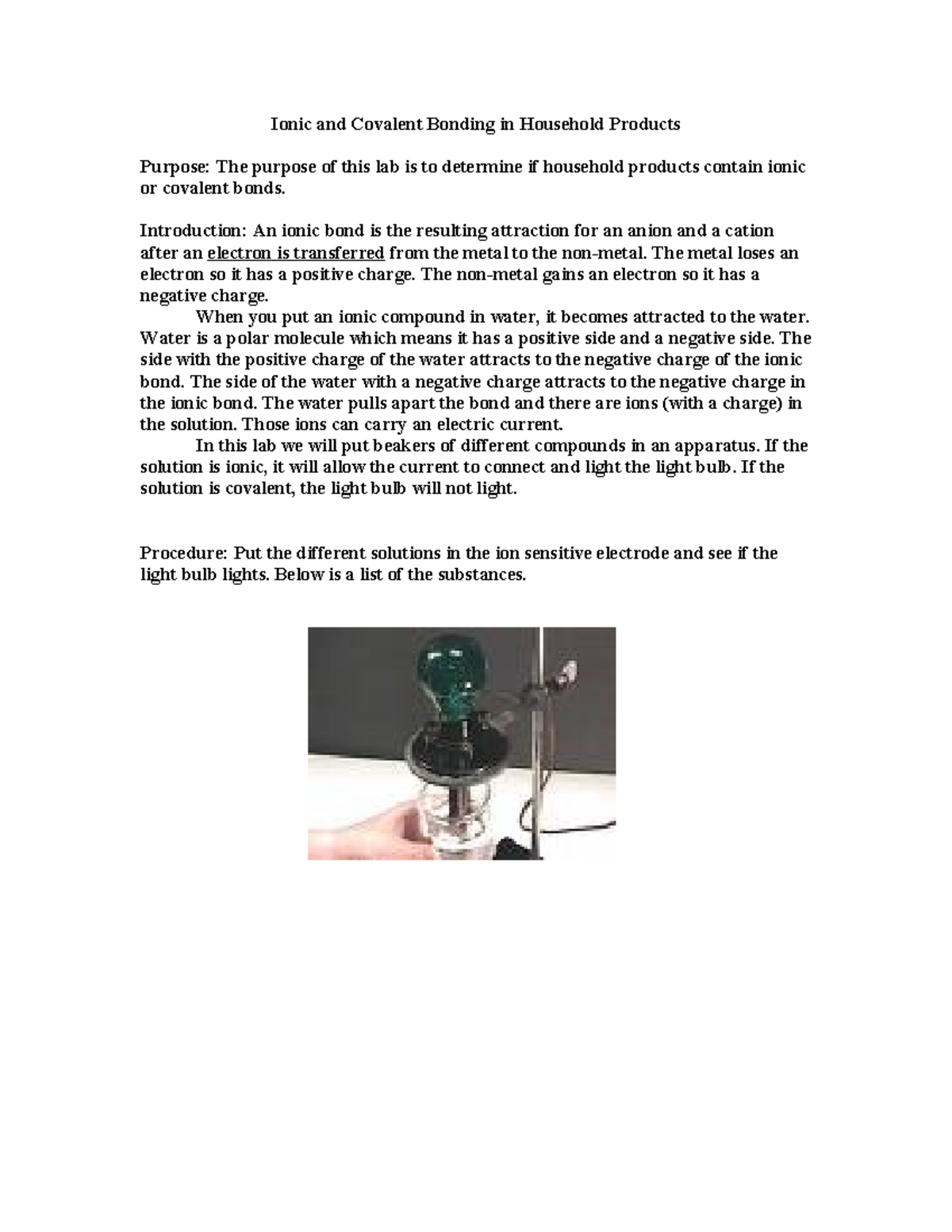 Ionic and Covalent Bonding Lab - Introduction: An ionic bond is the ...