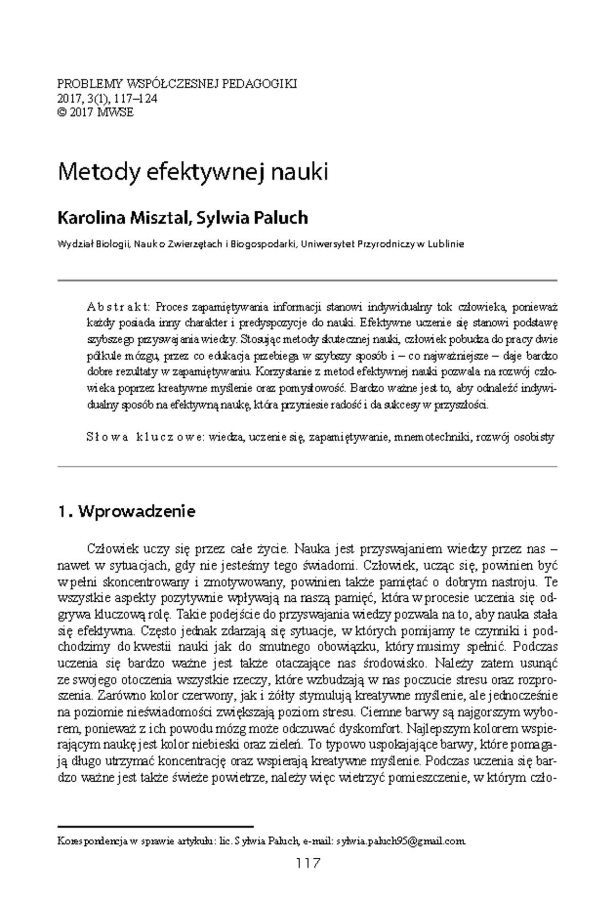 Metody efektywnej nauki - PROBLEMY WSPÓŁCZESNEJ PEDAGOGIKI 2017, 3(1 ...