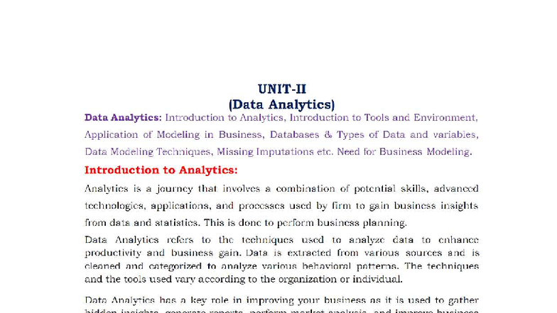 Data Analytics (DA) Unit II: Tools, Techniques, and Business ...