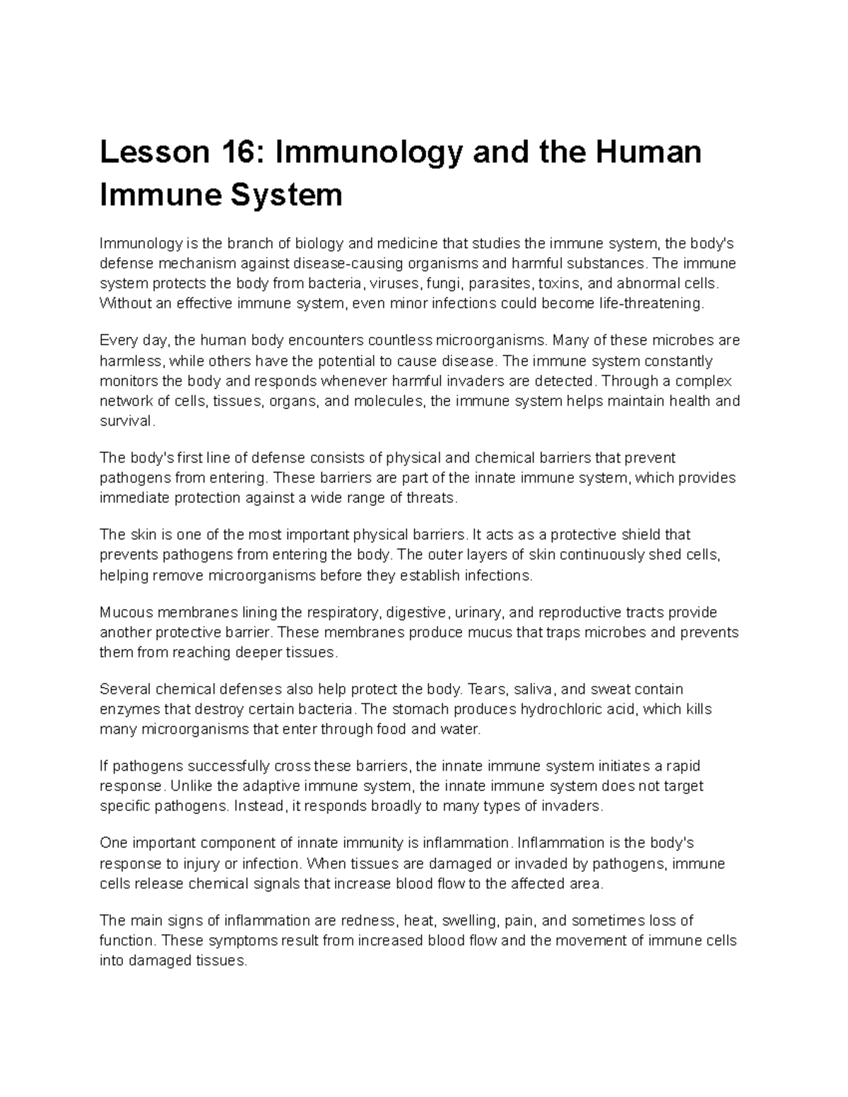 Lesson 16: Overview of Immunology & the Human Immune System - Studocu