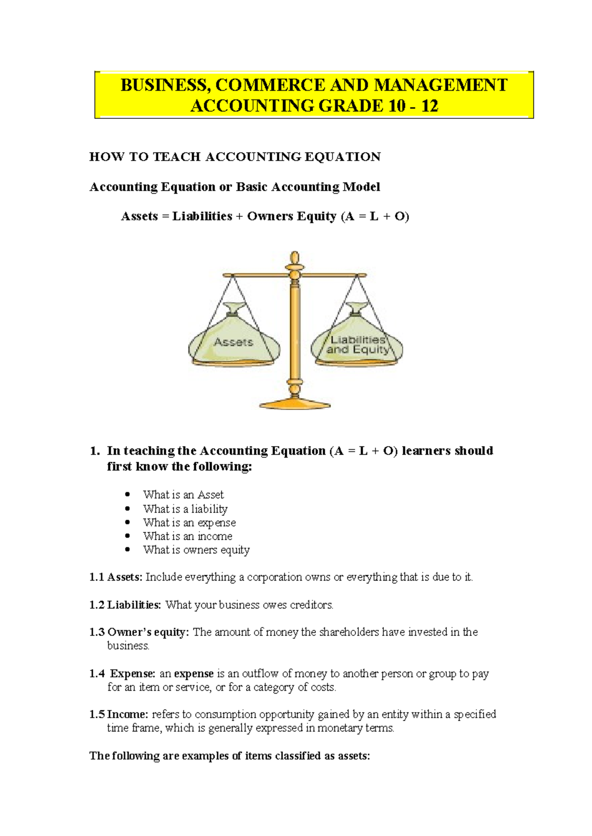 Teaching the Accounting Equation: A Guide for Grade 10-12 Students ...
