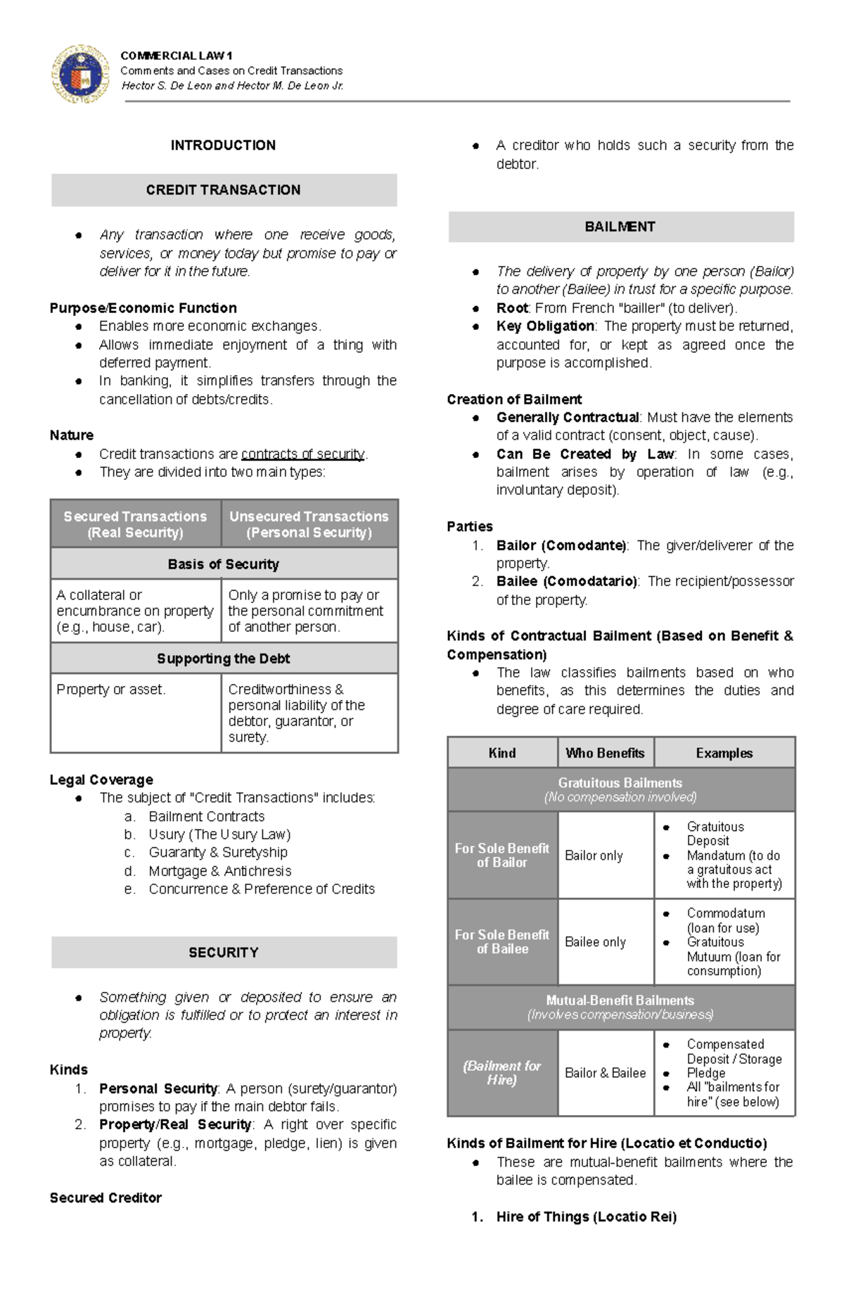 COMMERCIAL LAW 1: Notes on Credit Transactions and Bailment - Studocu