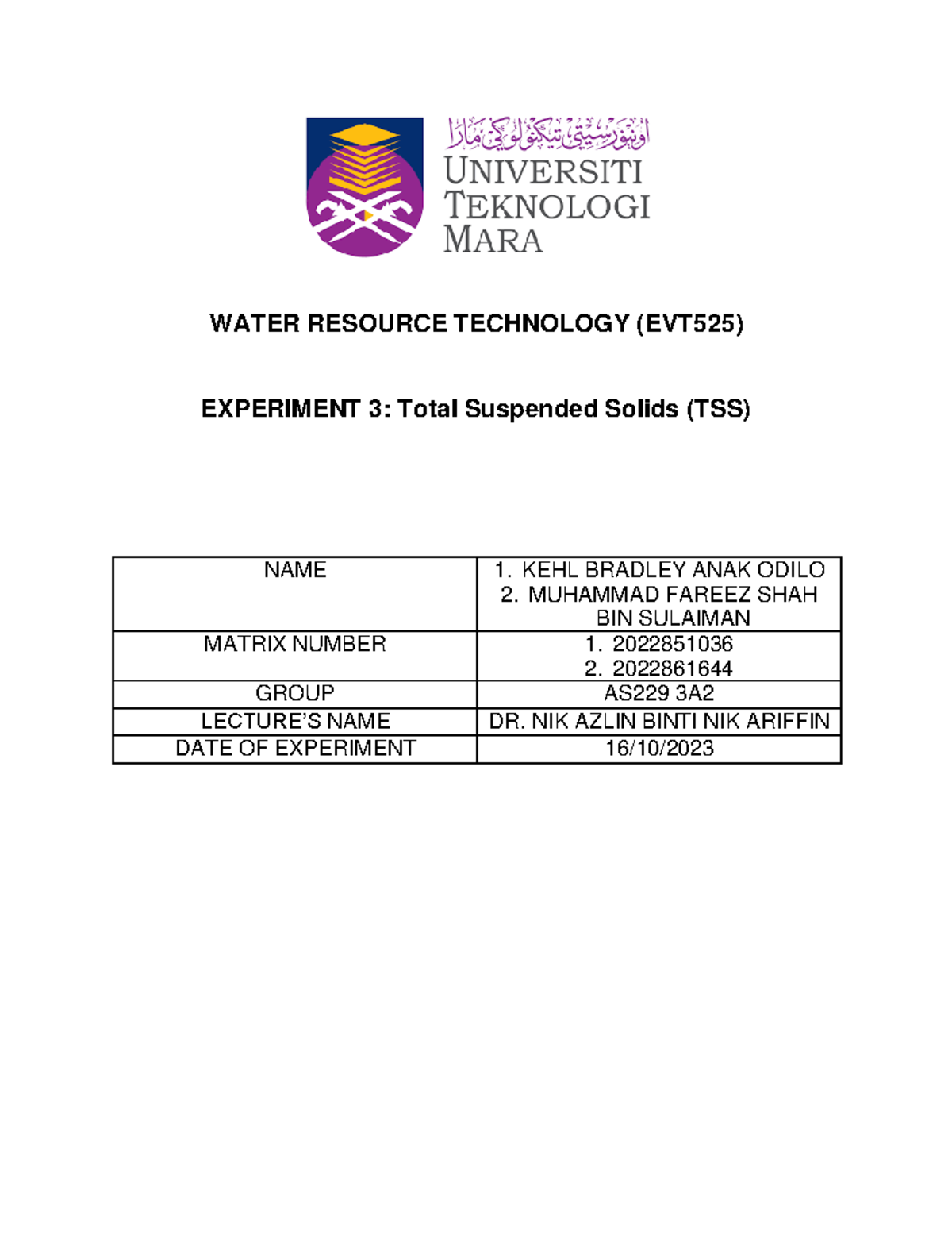 Lab Report on Total Suspended Solids (TSS) - EVT525 - Studocu