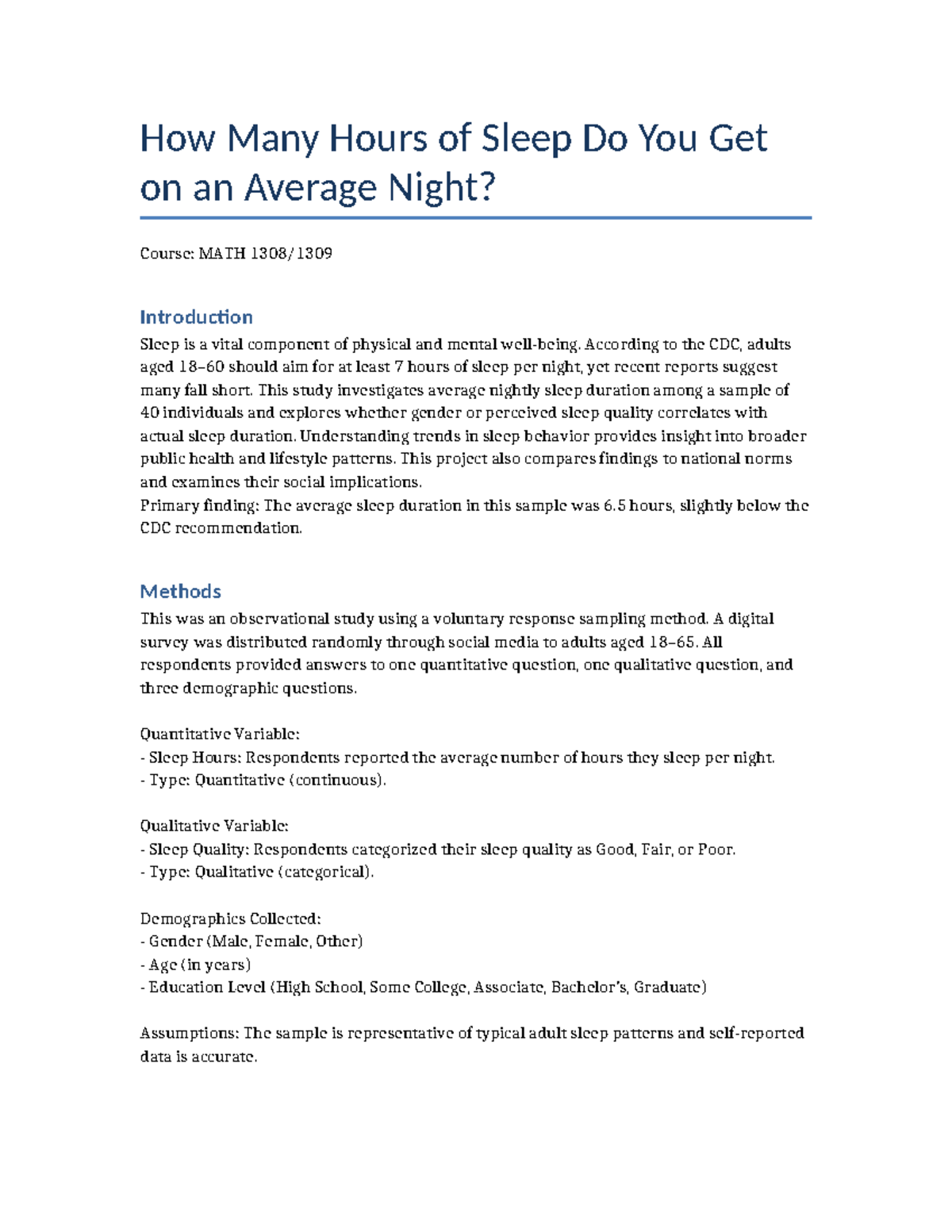 MATH Sleep Survey Report: Analyzing Average Sleep Duration - Studocu
