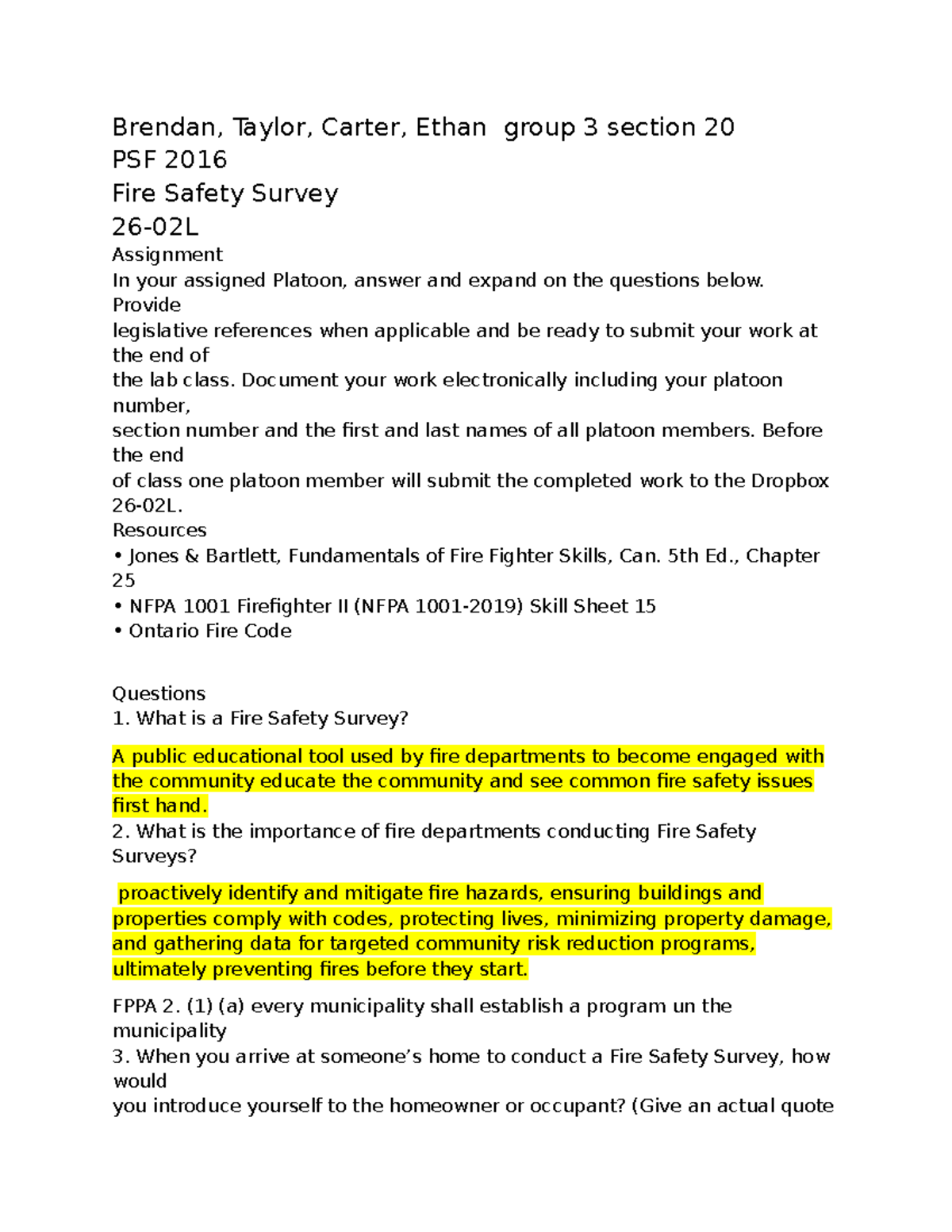 PSF 2016 Fire Safety Survey Assignment - Group 3, Section 20 - Studocu