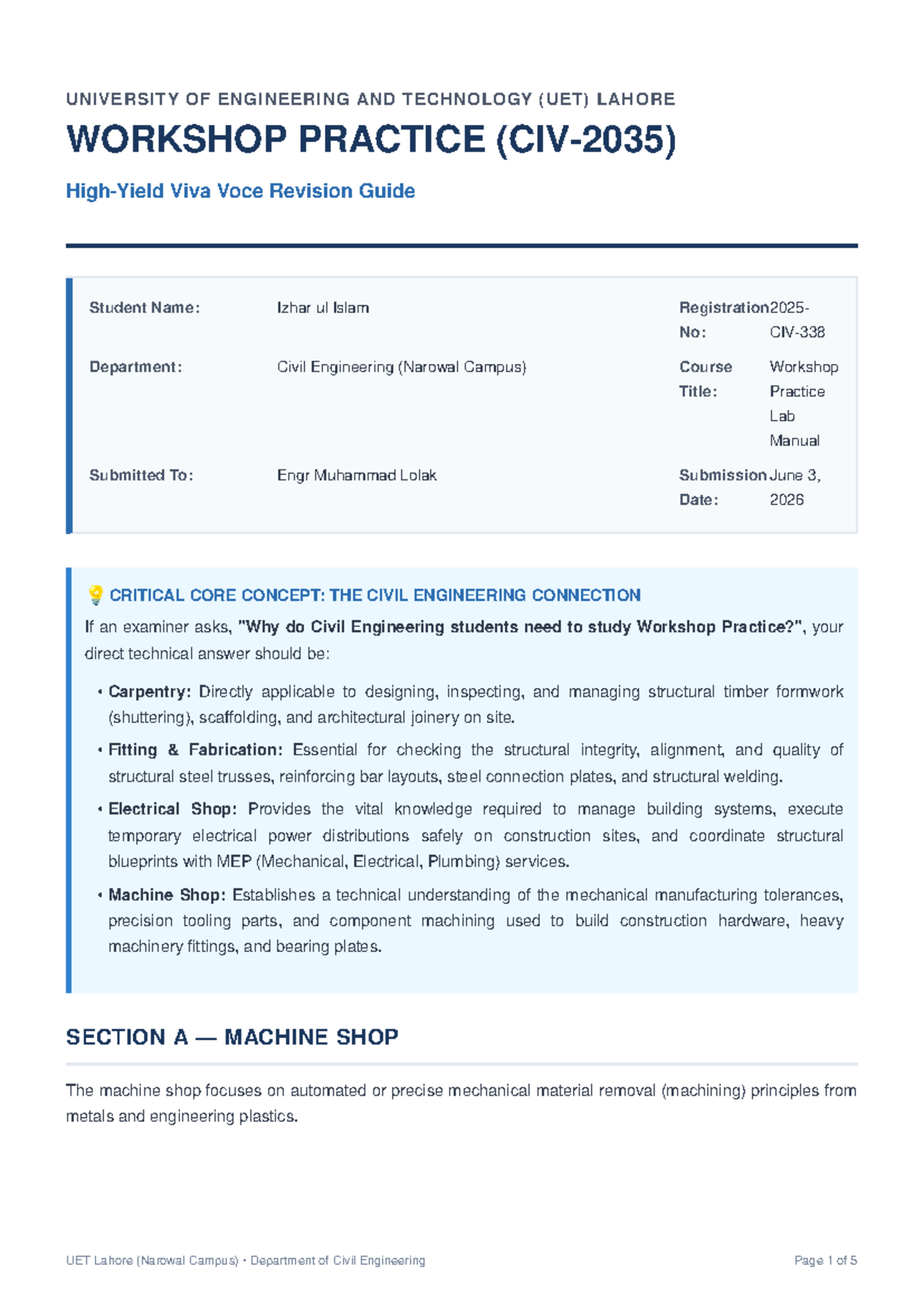 UET Lahore Civil Engineering Workshop Practice Viva Revision Guide ...