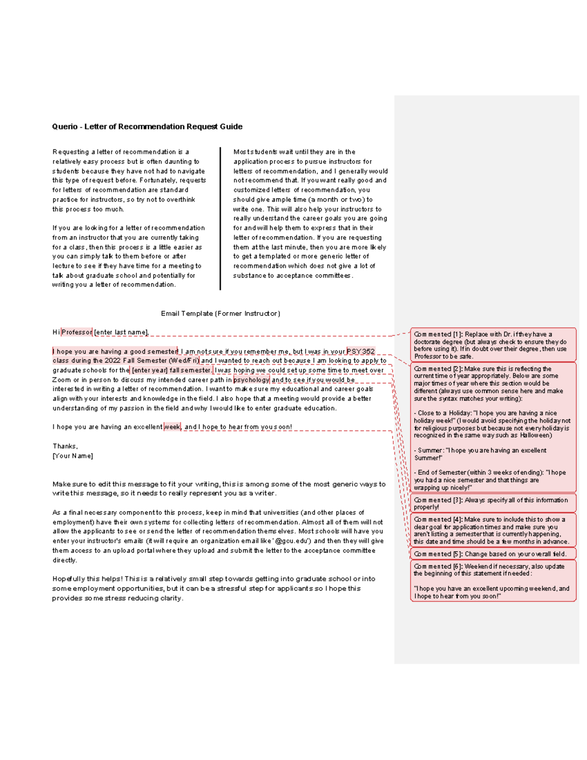 PSY 352 Letter of Recommendation Request Guide with Comments - Studocu