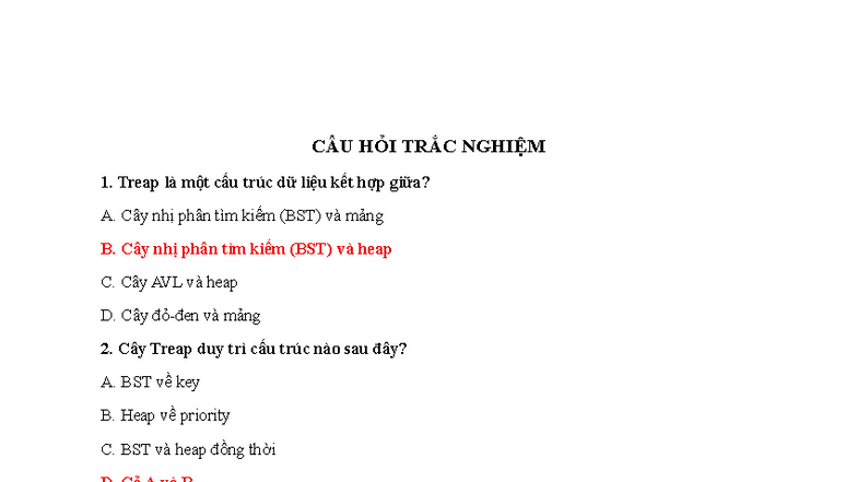 CÂU HỎI TRẮC NGHIỆM VỀ TREAP VÀ CÁC CẤU TRÚC DỮ LIỆU - Studocu