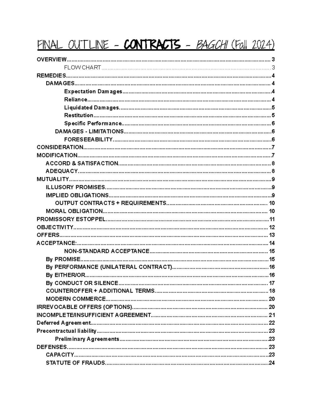 Contracts Final Outline (Fall 2024) - Comprehensive Overview and Key ...