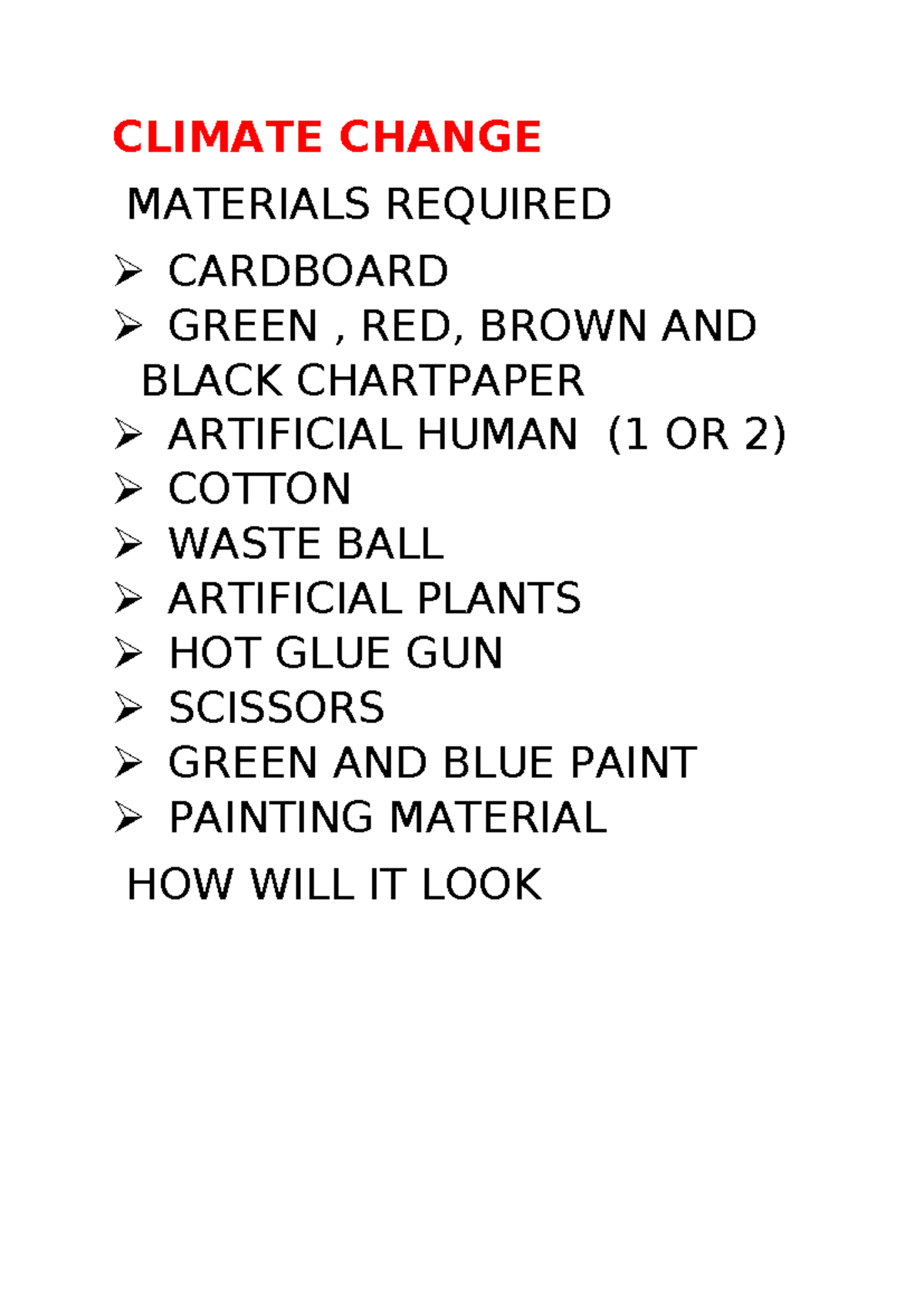 Climate Change - CLIMATE CHANGE MATERIALS REQUIRED CARDBOARD GREEN ...