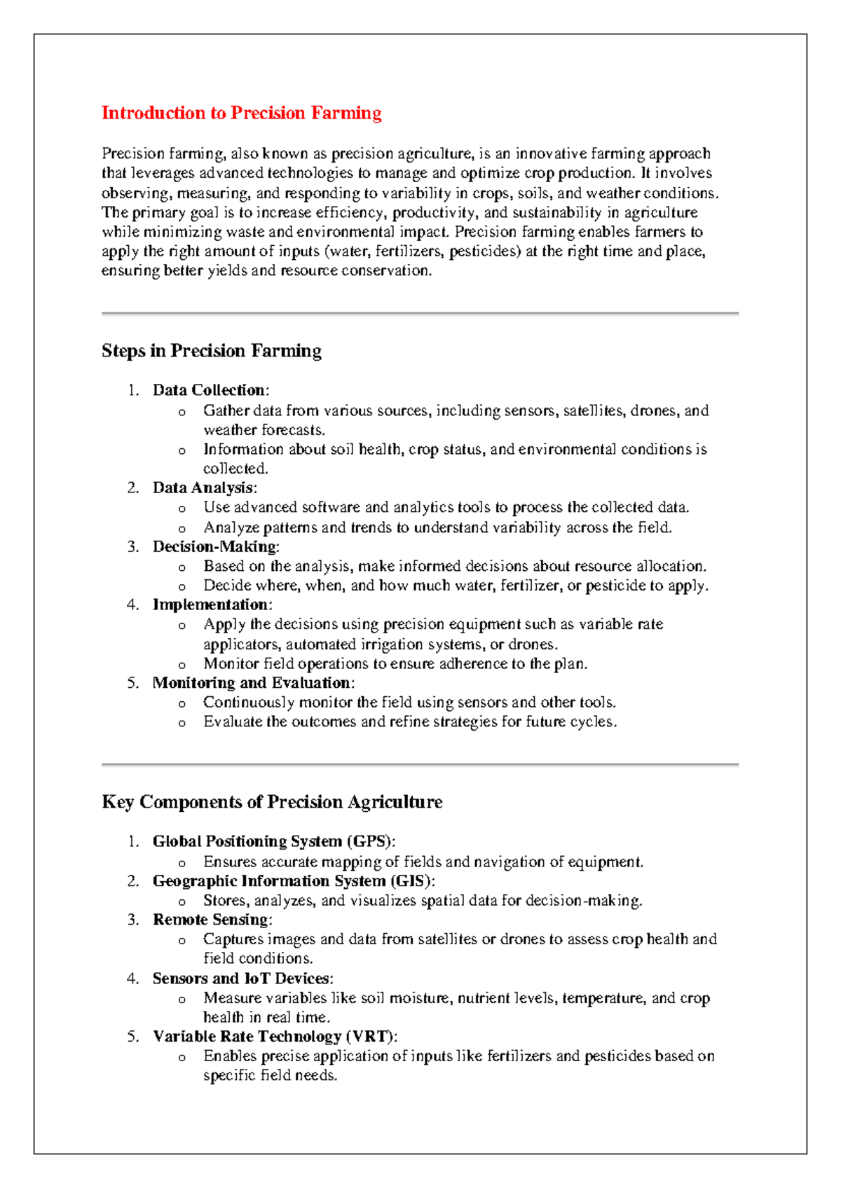 Unit 1 my notes - Introduction to Precision Farming Precision farming ...