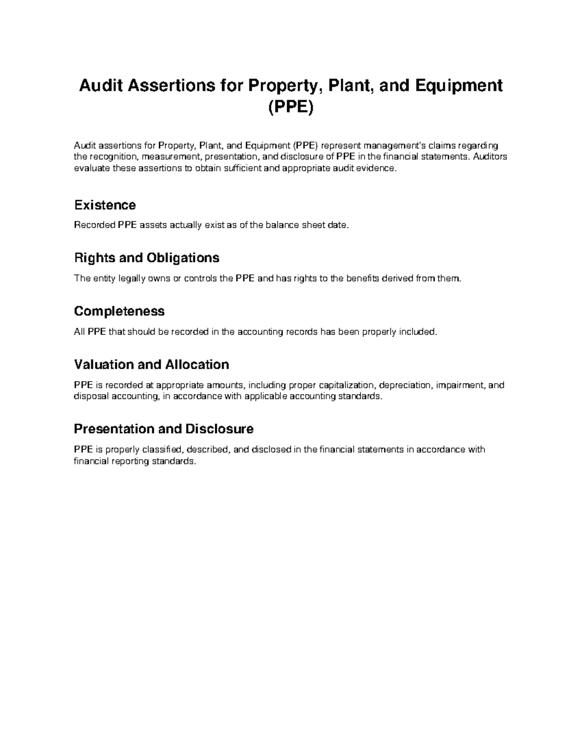 Audit Assertions for PPE: Existence, Rights, Completeness, Valuation ...