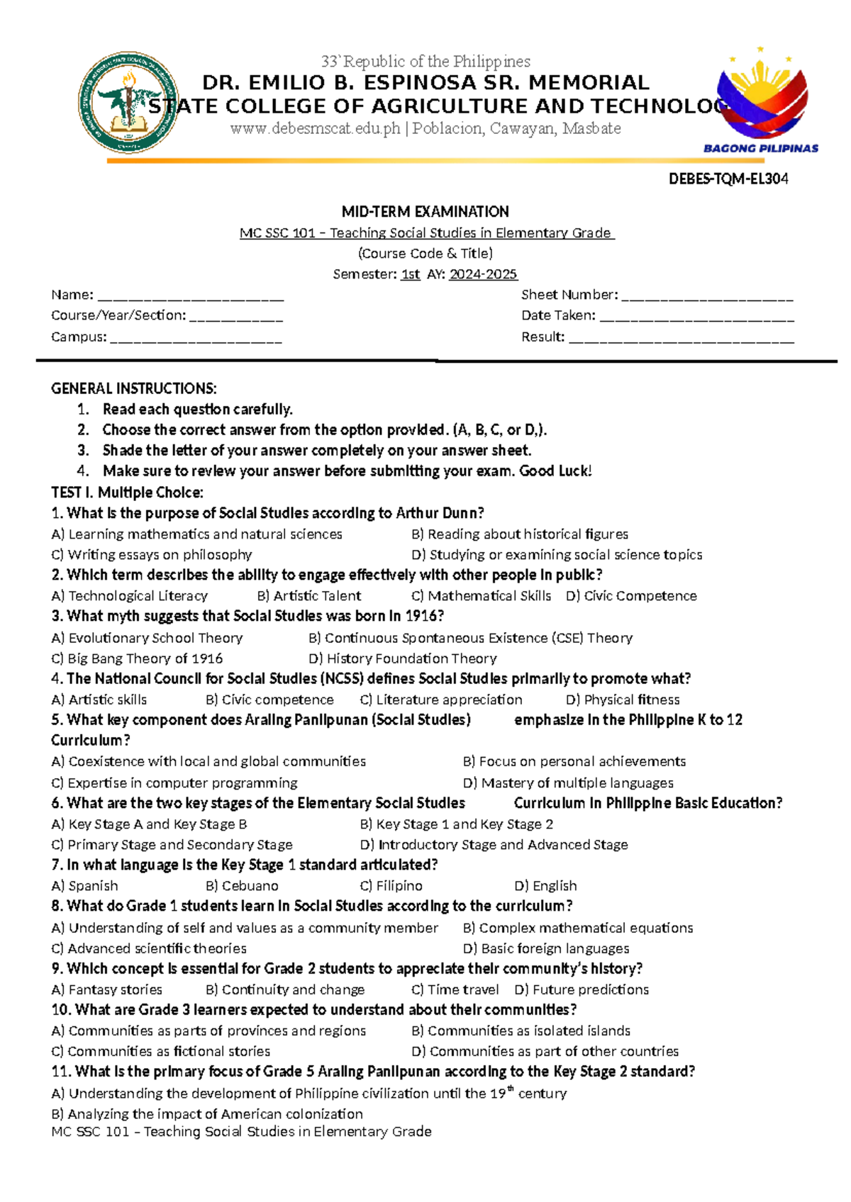 Midterm Exam MC SSC 101: Teaching Social Studies in Elementary Grade ...