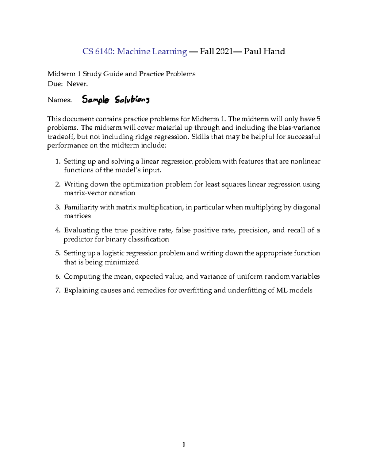 CS 6140: Machine Learning Fall Midterm 1 Study Guide & Practice ...
