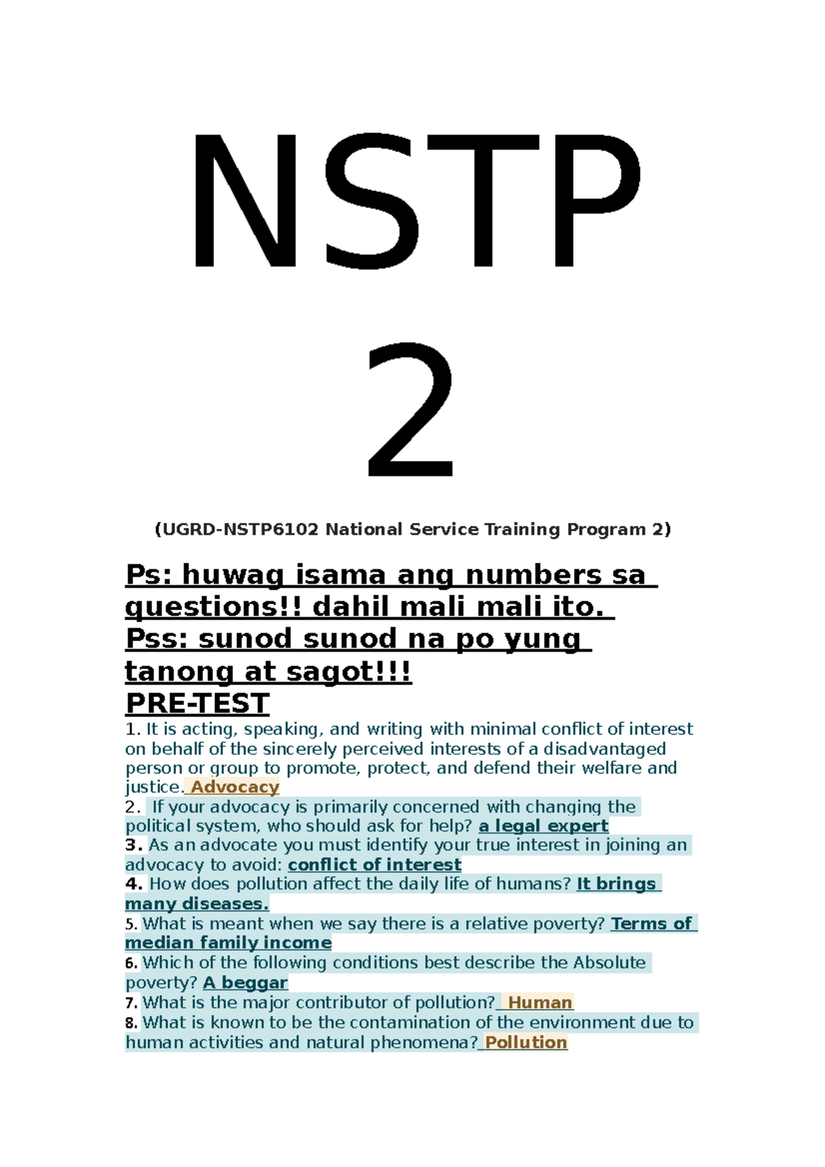 NSTP2 - Pre-Test Questions & Answers for National Service Training ...