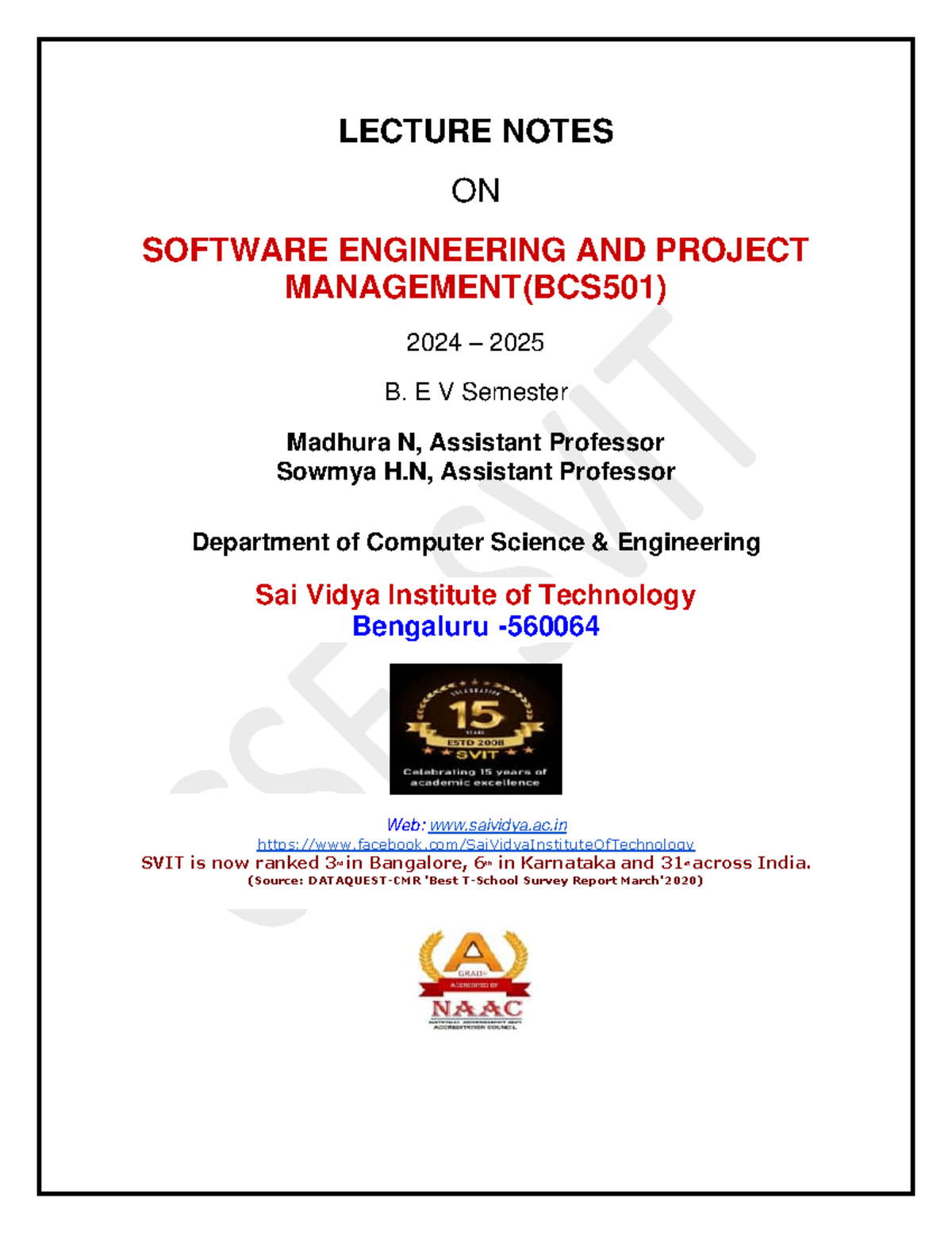 LECTURE NOTES ON SOFTWARE ENGINEERING AND PROJECT MANAGEMENT (BCS501 ...