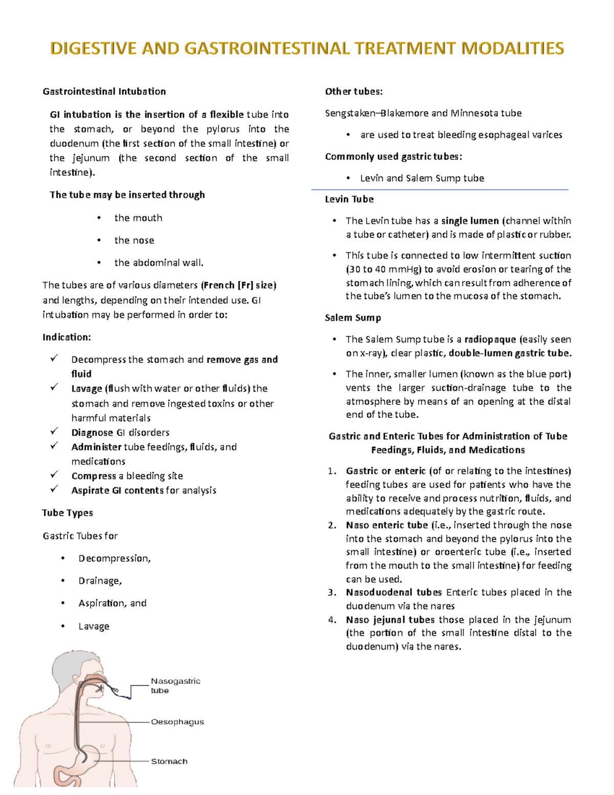 MedSurg 2 Lecture Notes Midterms - Gastrointestinal Intubation GI ...