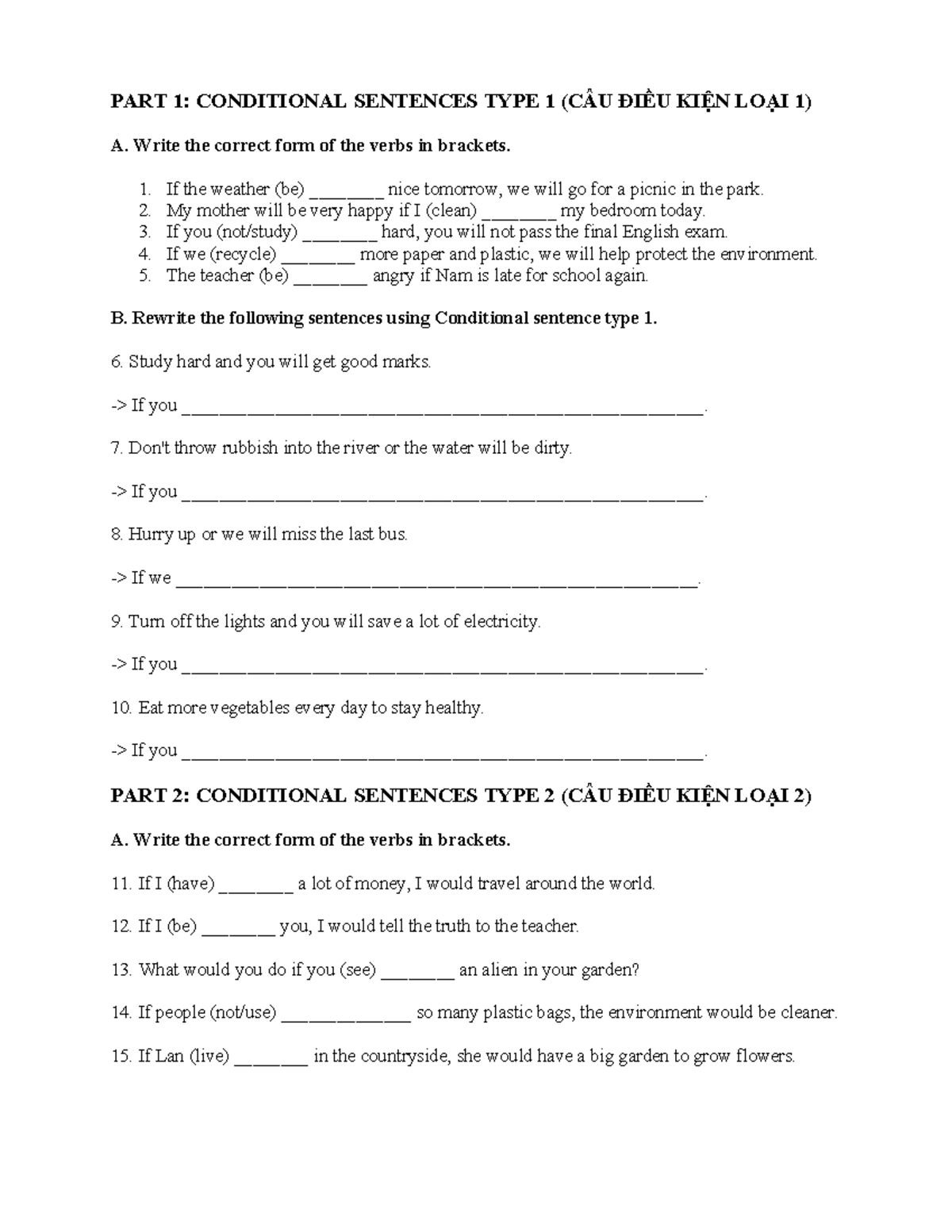 Conditional Sentences Type 1 & 2 Exercises (English 101) - Studocu