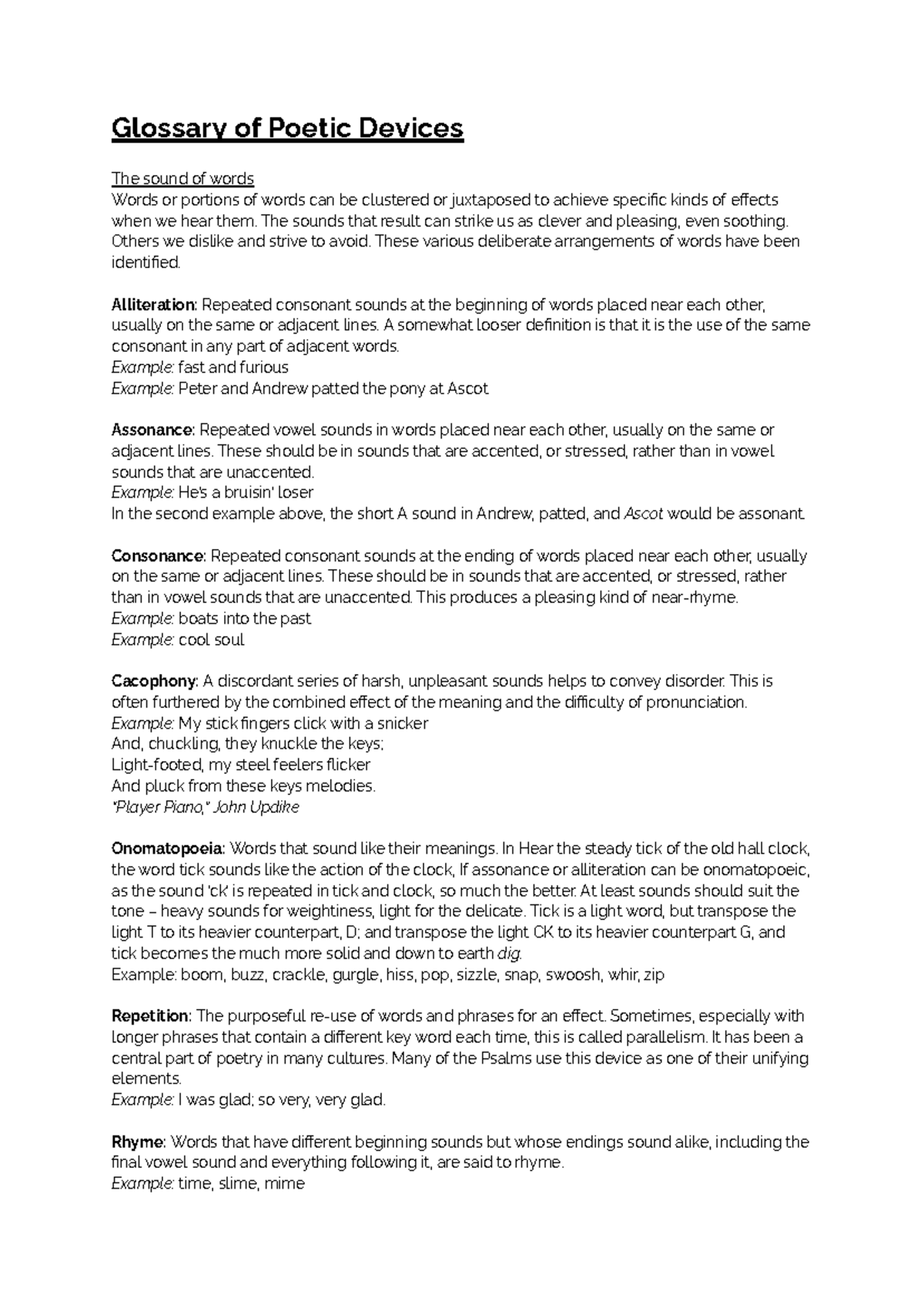 Glossary of Poetic Devices: Key Terms and Definitions for Poetry - Studocu