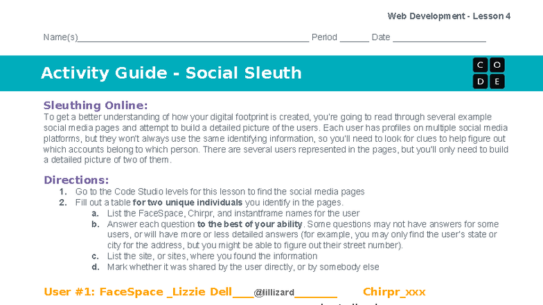 U2L04 - Activity Guide - Social Sleuth in Web Development Lesson 4 ...