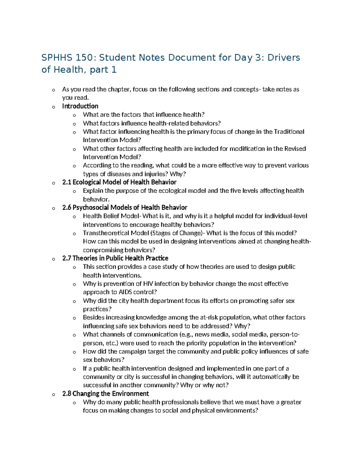 SPHHS 150: Day 3 Notes on Health Drivers & Interventions - Studocu