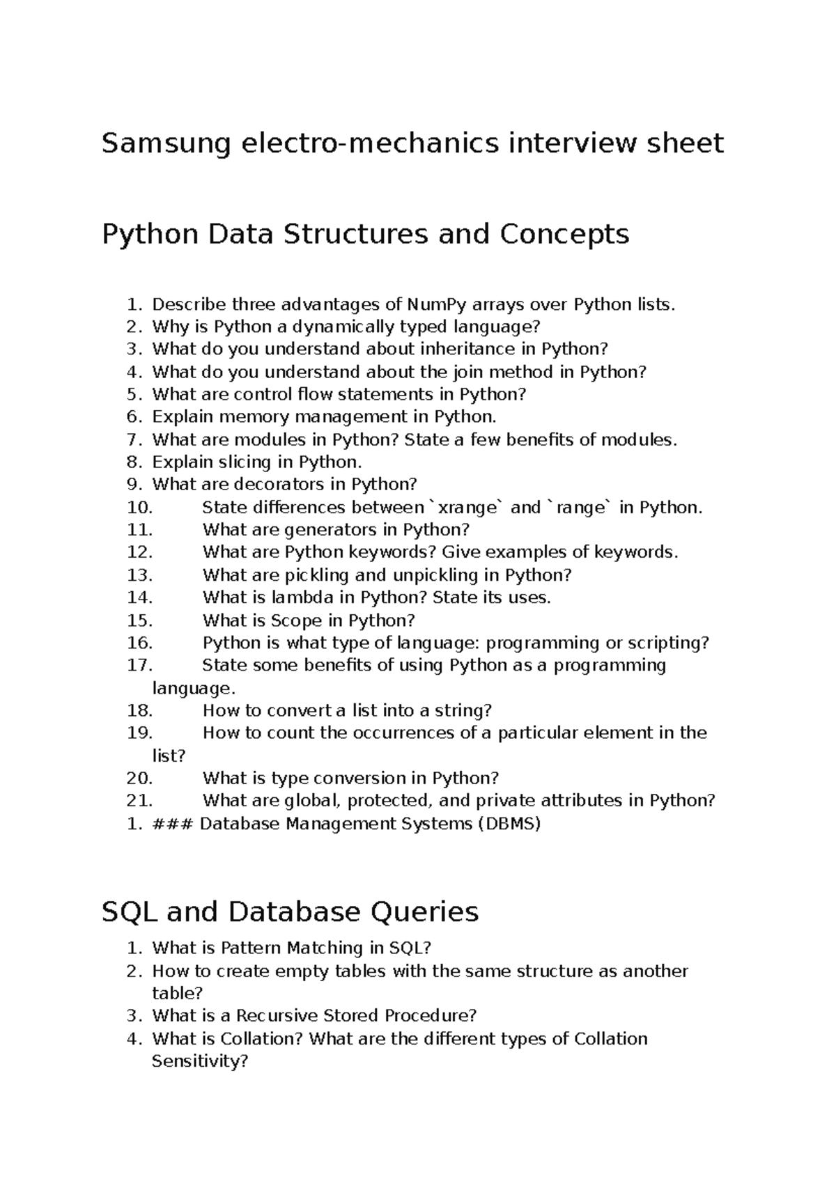 Samsung Electro-Mechanics: Python, SQL & OOP Interview Qs Guide - Studocu