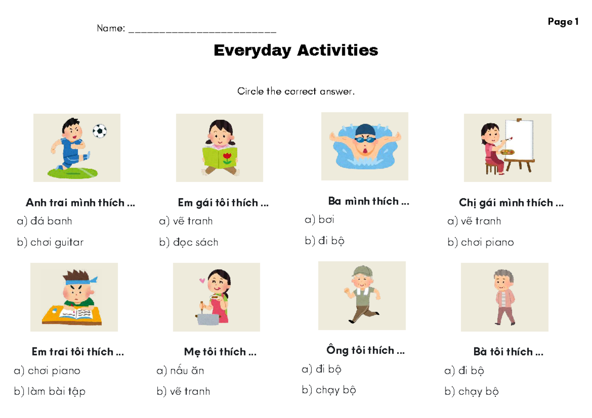 Everyday Activities Worksheet: Circle the Correct Answers - Studocu