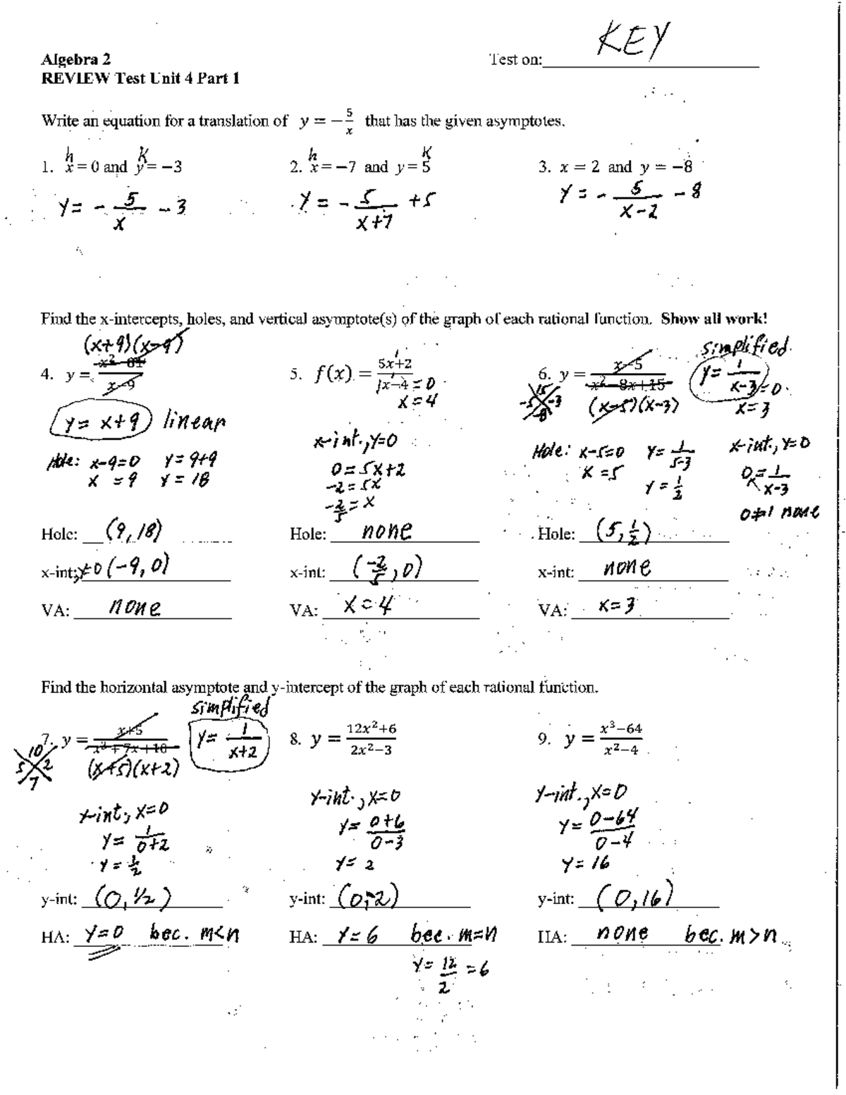 Algebra 2 (KEY) Test Review: Graphing Rational Functions - Studocu