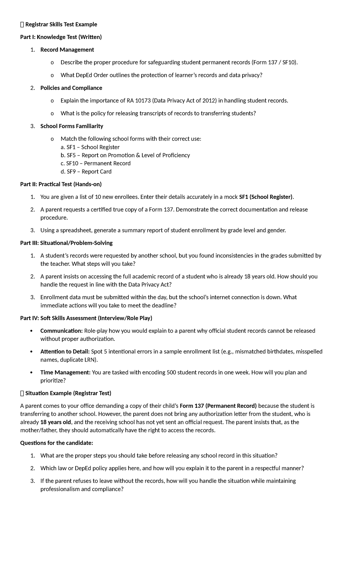 Registrar Skills Test Example: Knowledge and Practical Assessment - Studocu