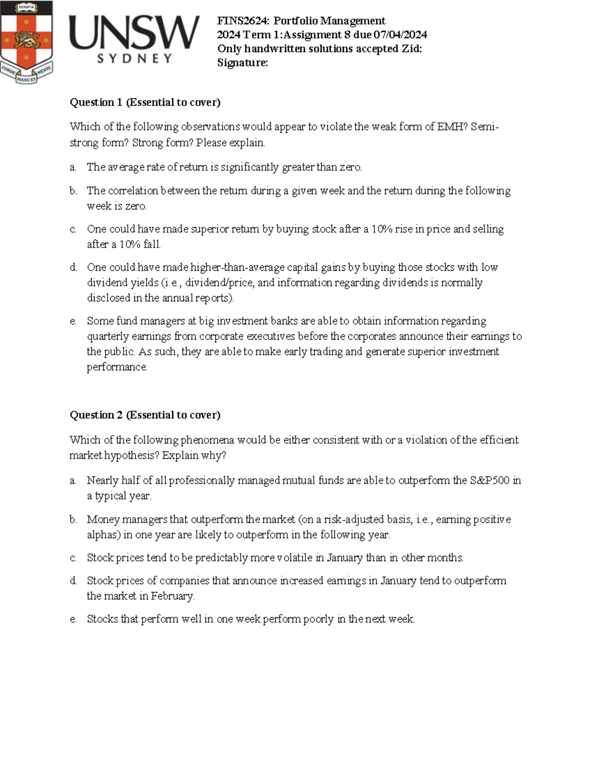 FINS2624 Assignment 8 - UNSW weekly tutorial work (workings by me ...