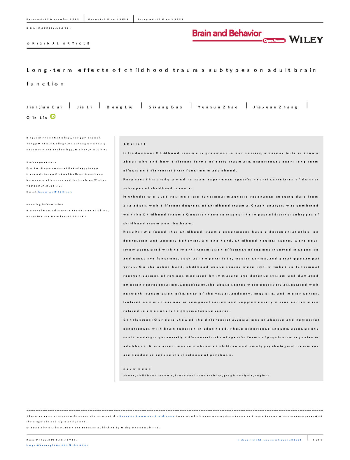 Long-term Effects of Childhood Trauma Subtypes on Adult Brain Function ...