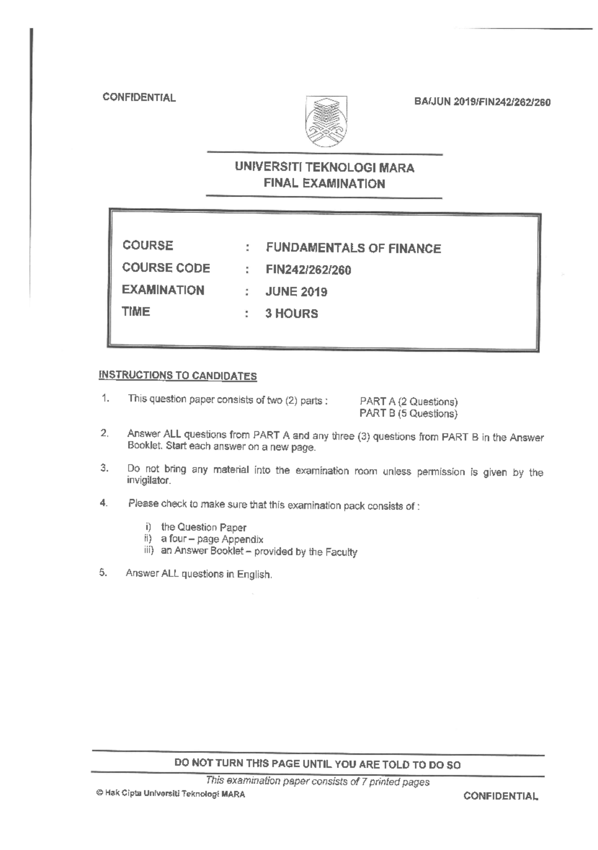 FIN242 JUNE 2019 - Comprehensive Finance Review - Studocu