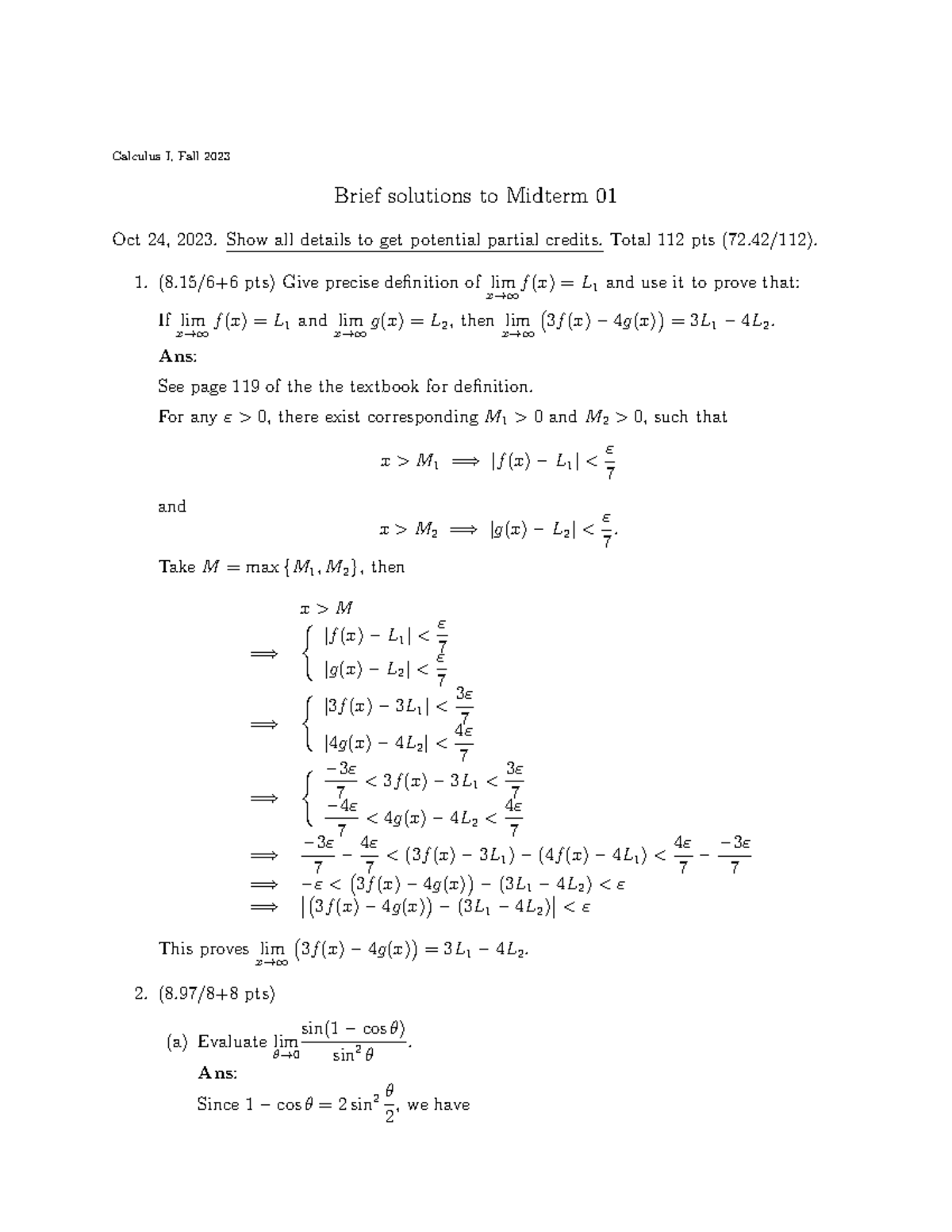 Calculus I (MSE23F) Fall 2023 Midterm 01 Solutions and Details - Studocu